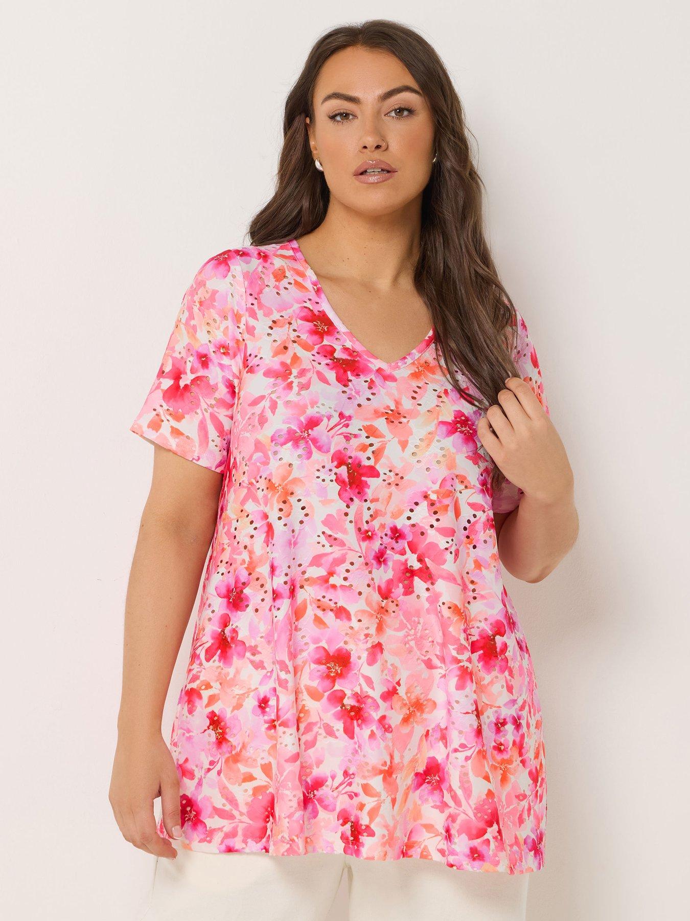 Yours Curve Printed Broderie V-Neck Top - White