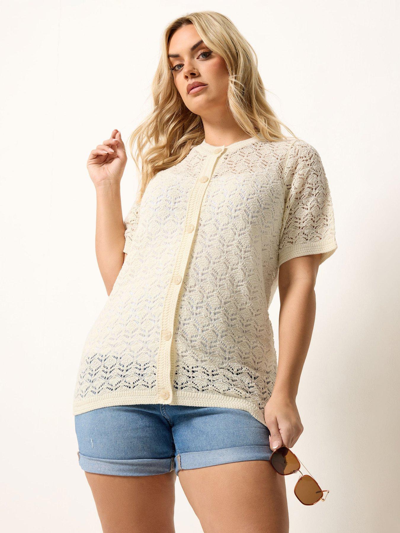 Yours Curve Button Through Short Sleeve Top - White
