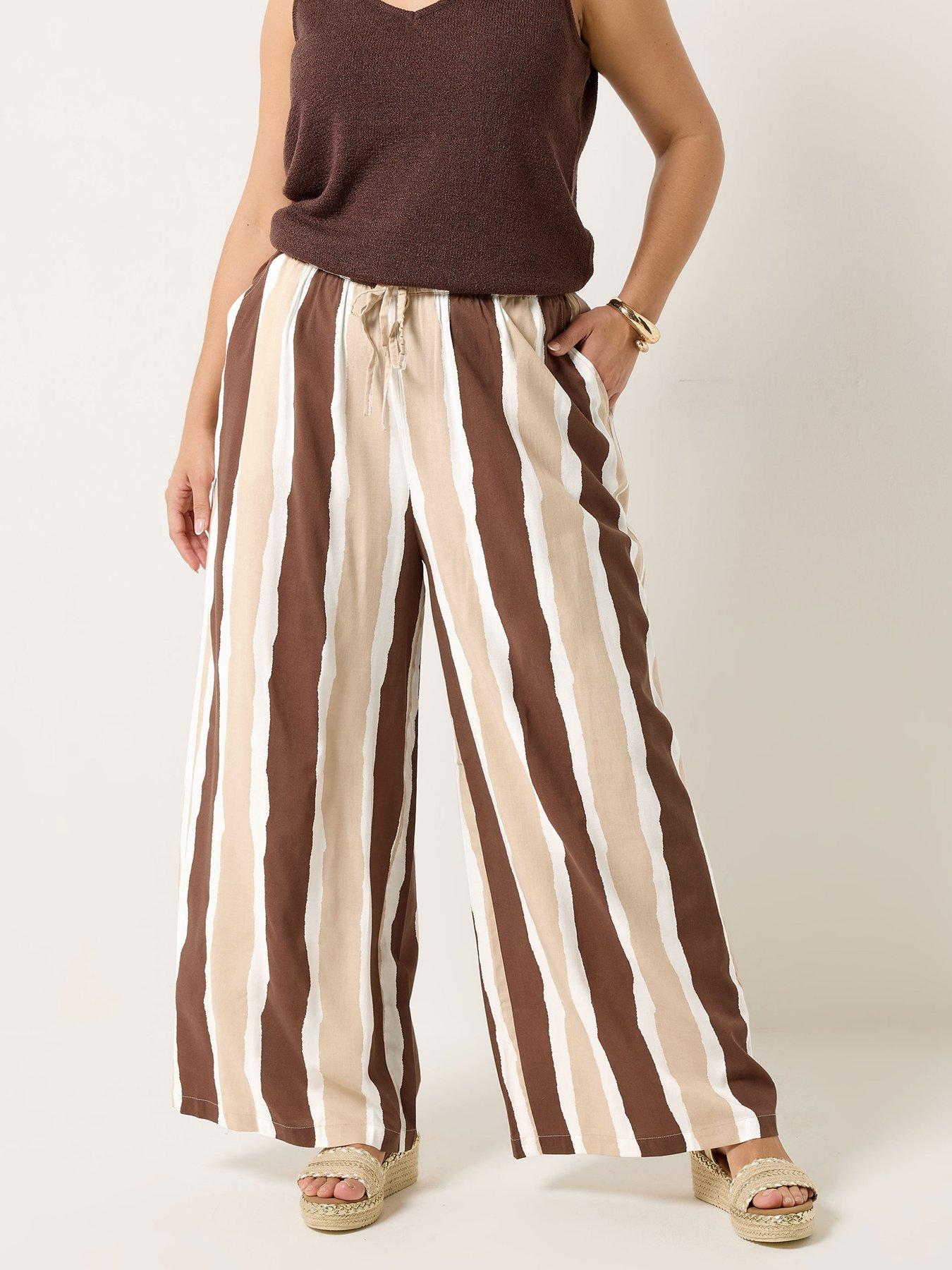 Yours Curve Striped Wide Leg Trousers - Brown