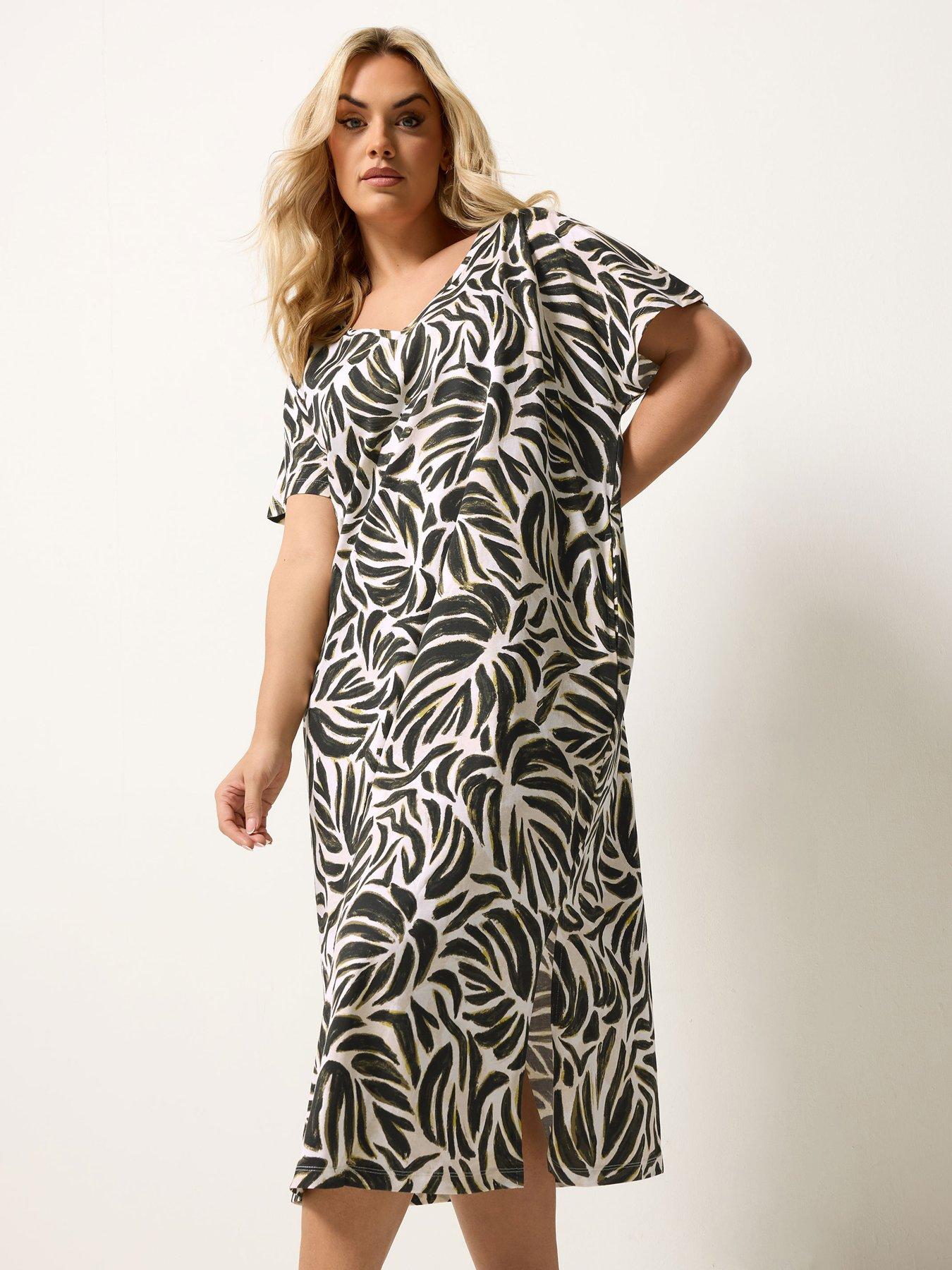 Yours Curve Grown-Sleeve Abstract Print Dress - Cream