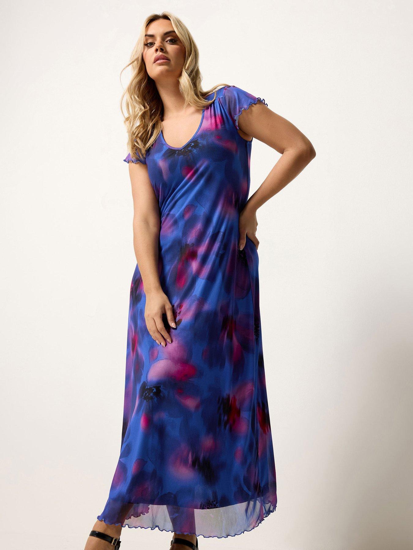 Yours Curve Mesh A-Line Maxi Dress - Blue