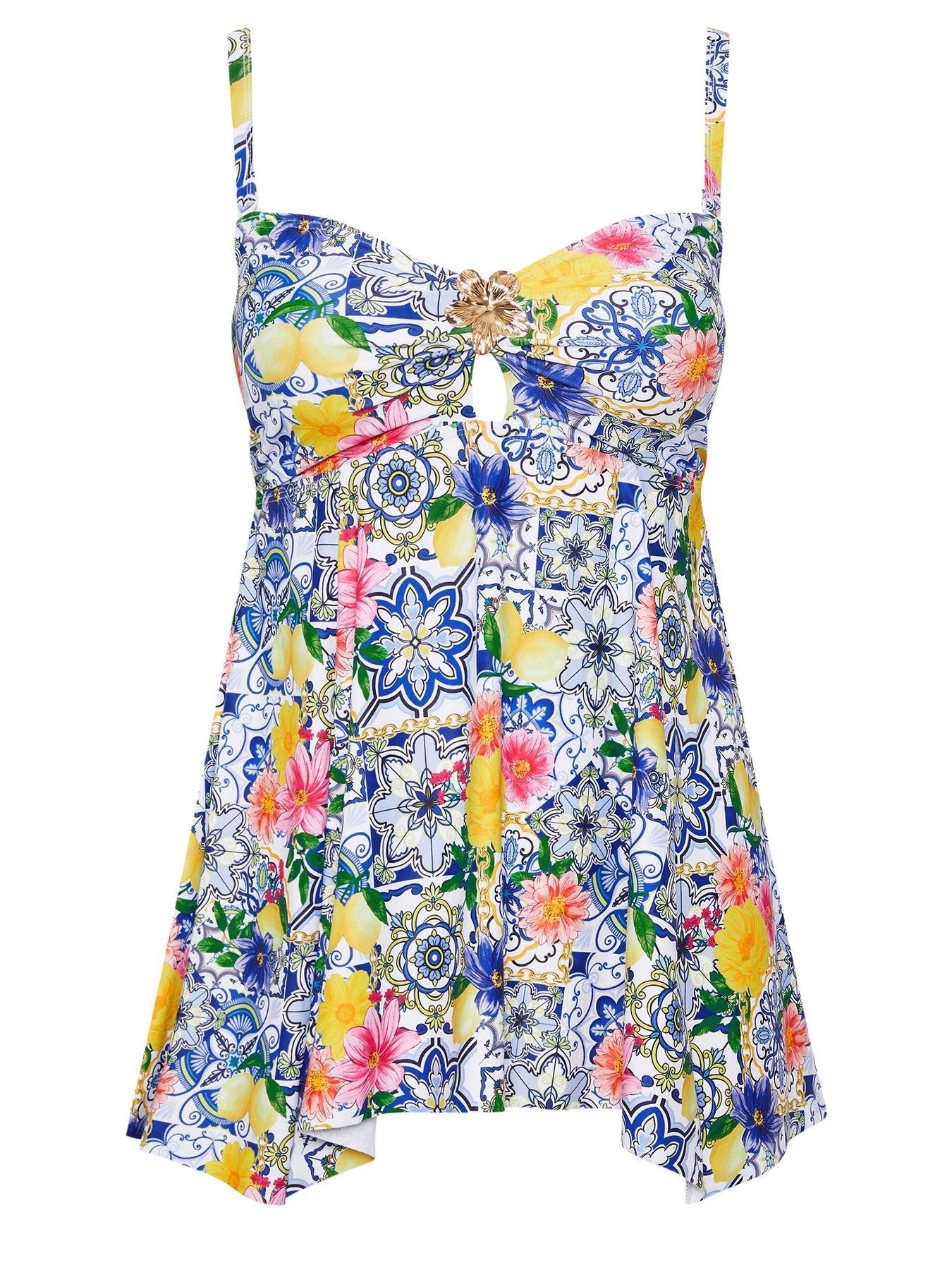Image 5 of 5 of Yours Curve Tile Print Hanky Hem Tankini Top&nbsp;- White/Blue