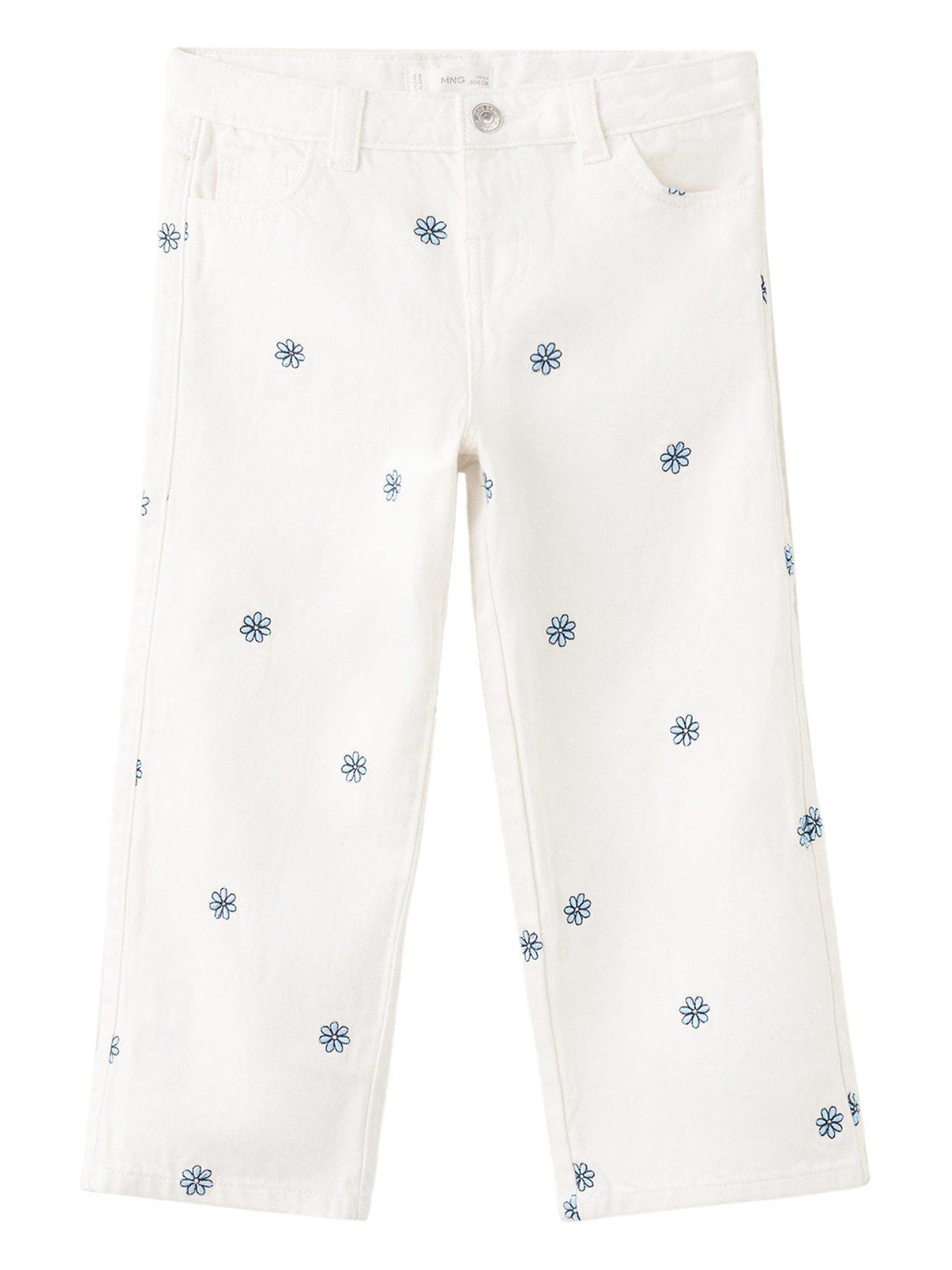 Mango Younger Girls Floral Embroidered Jeans, Light Cream, Size Age: 12-18 Months