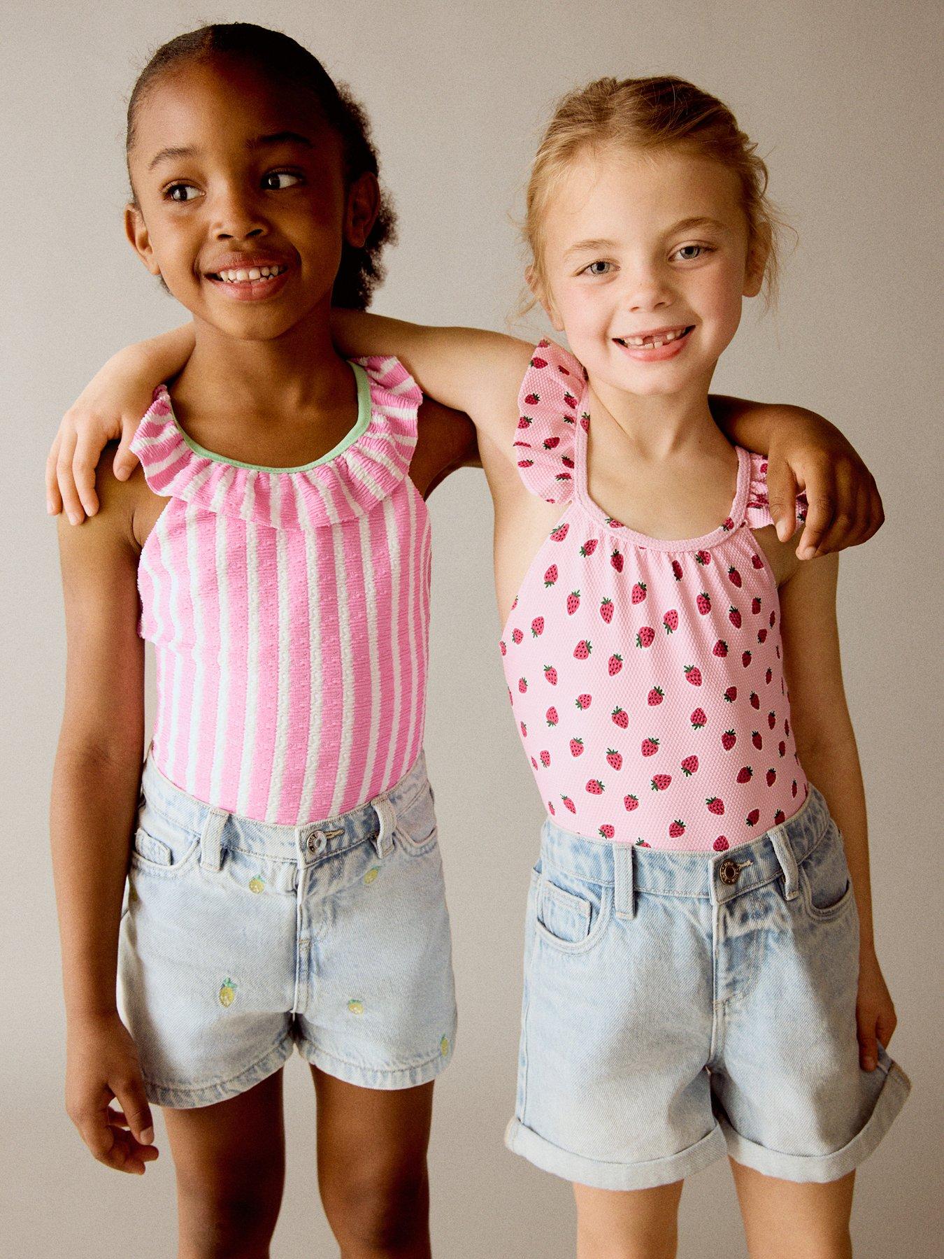 Mango Younger Girls Frill Stripe Swimsuit, Pink, Size Age: 18-24 Months