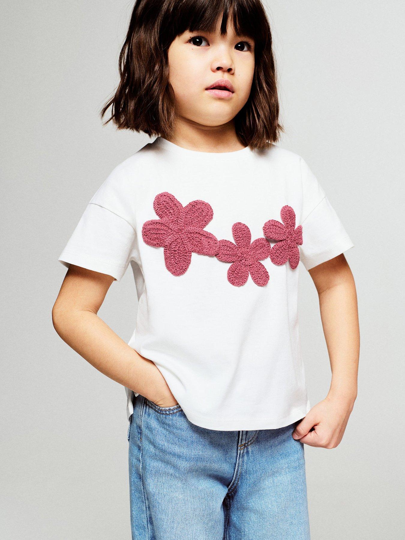 Mango Younger Girls Embroidered Flower Short Sleeve T-Shirt, Light Cream, Size Age: 18-24 Months