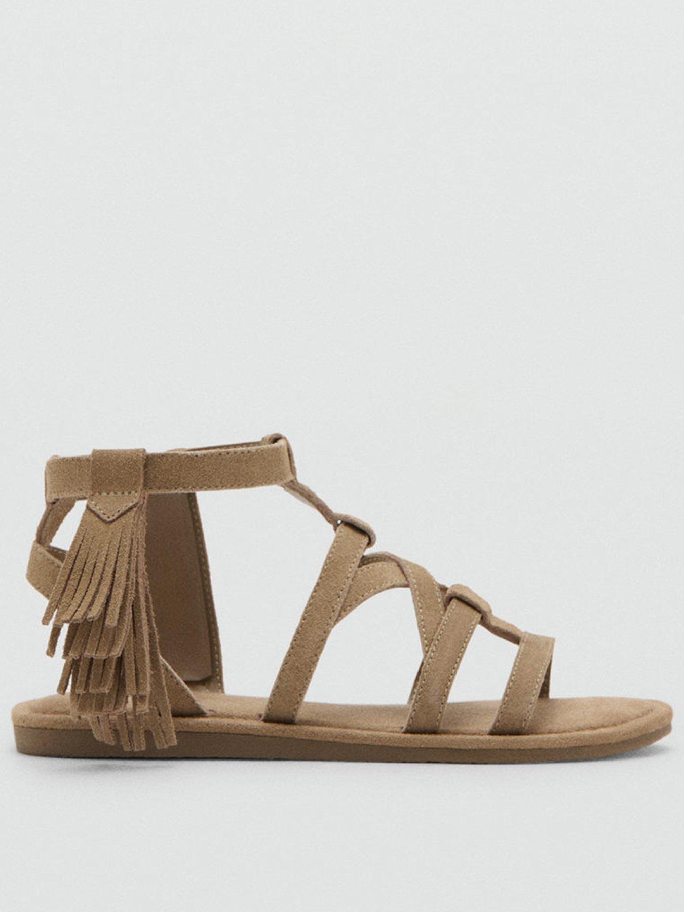 Mango Girls Leather Fringed Sandals, Brown, Size 13.5 Younger