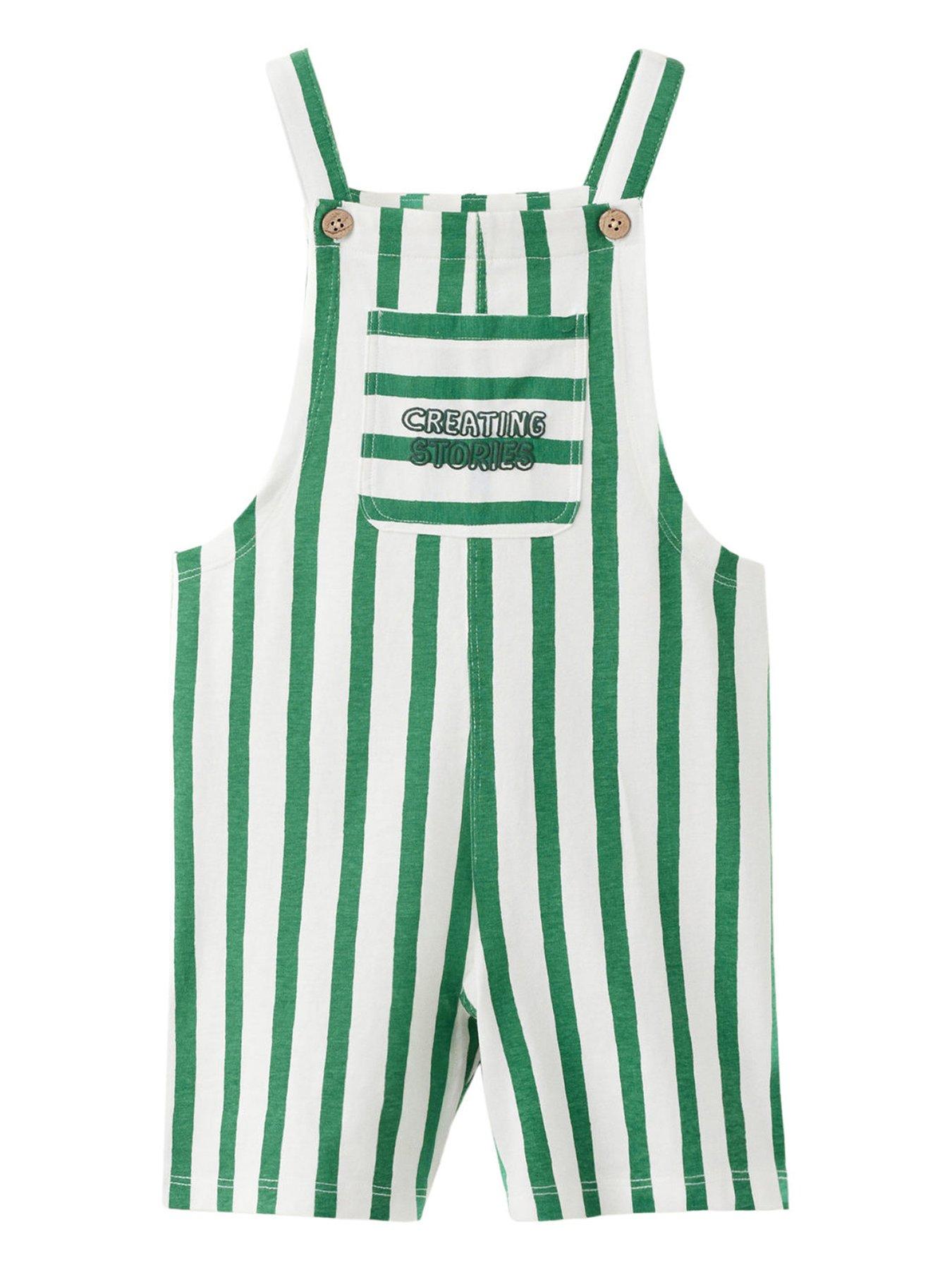 Mango Younger Boys Stripe Shorty Dungarees, Green, Size 18-24 Months