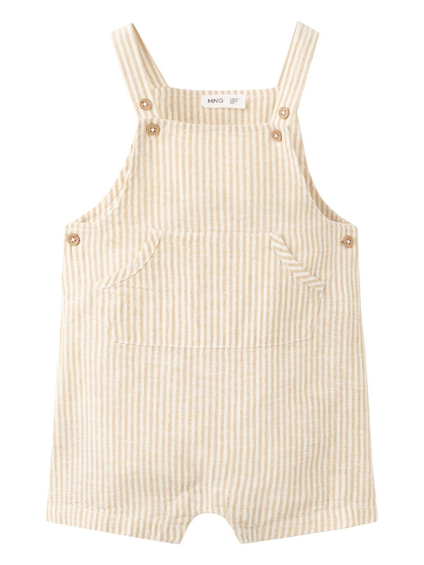 Mango Unisex Baby Stripe Linen Mix Shorty Dungarees, Yellow, Size Age: 1-3 Months