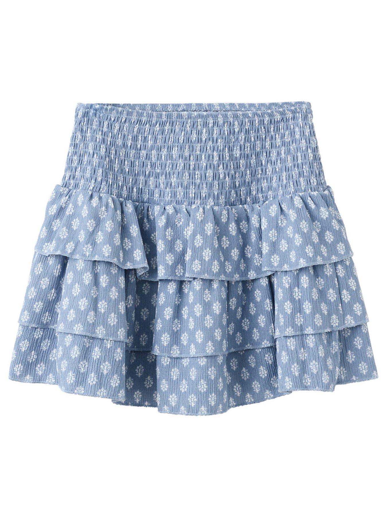 Mango Girls Shirred Waist Tiered Co-Ord Skirt, Blue, Size Age: 13-14 Years