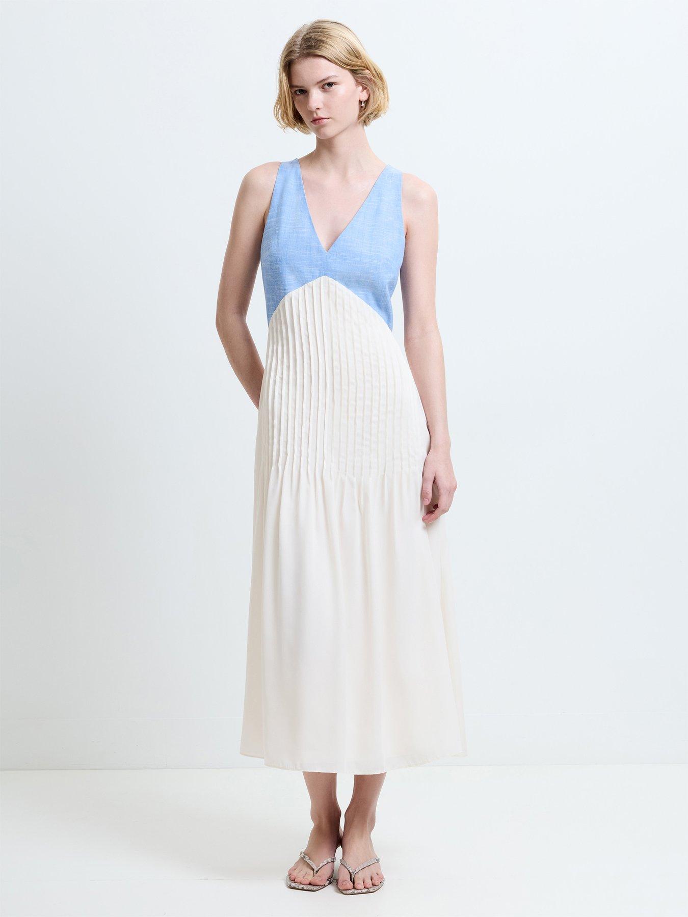 French Connection Cotton V-Neck Sleeveless Pleated Midi Dress - Blue