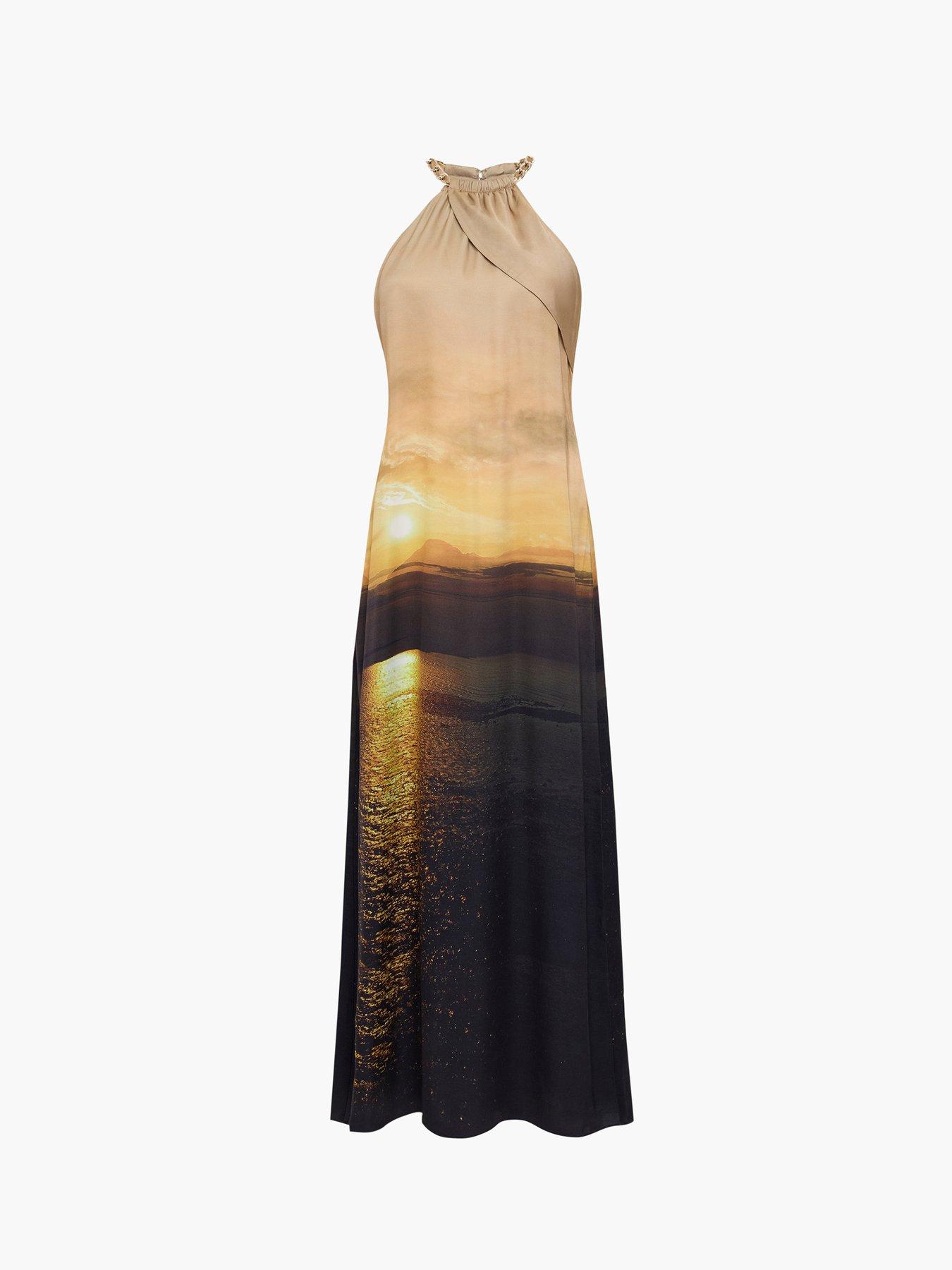 French Connection Sunset-print Chain Halter Neck Satin Maxi Dress | Very