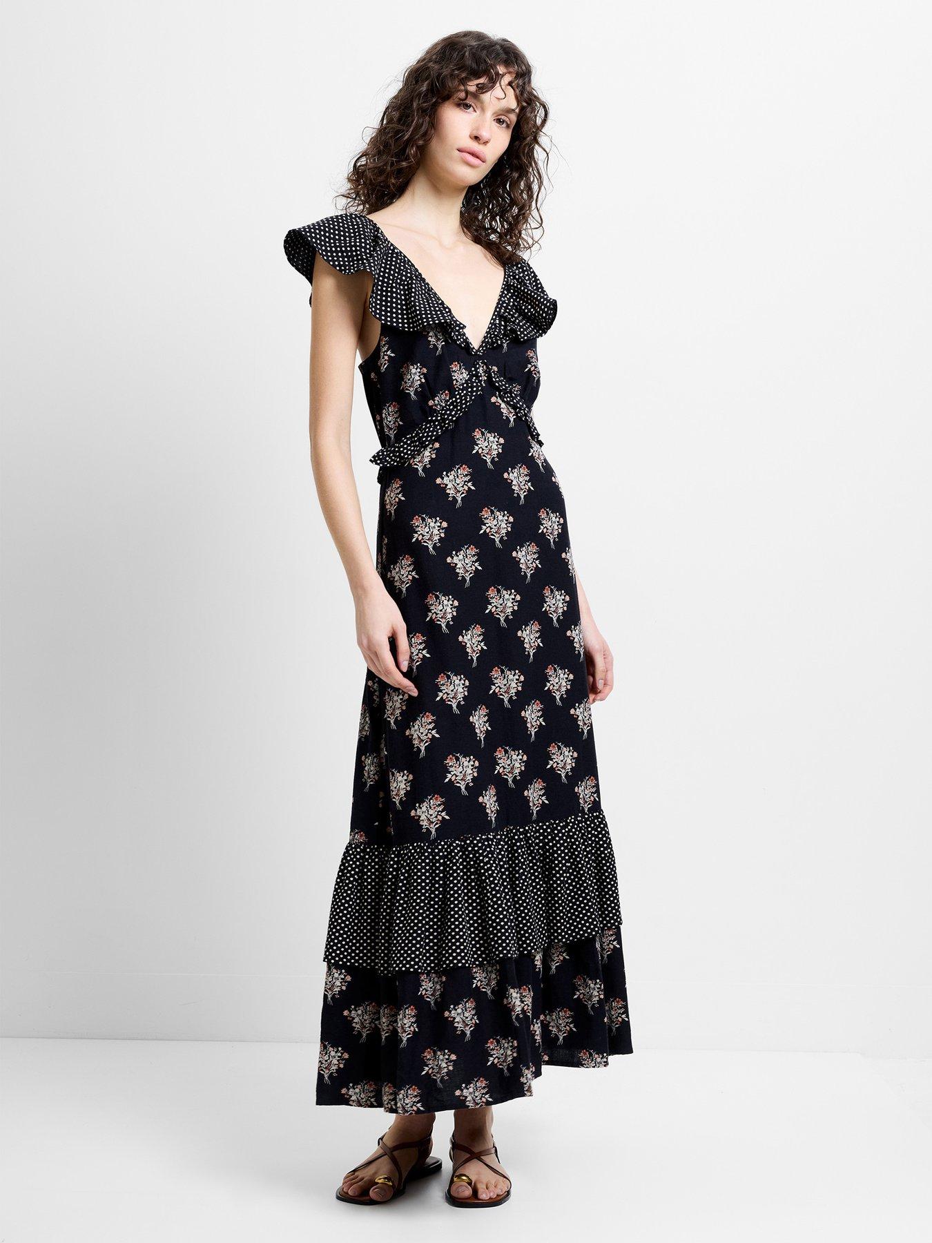 French Connection Floral Print V-Neck Ruffle Sleeve Maxi Dress - Black