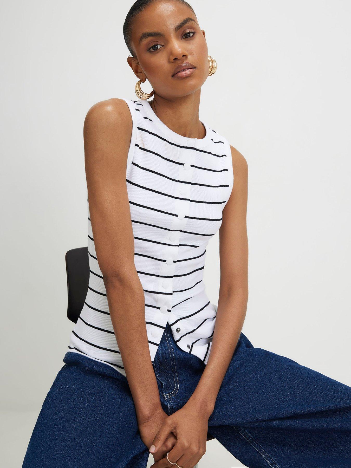 Image 1 of 6 of River Island Stripe Popper Tank - Black
