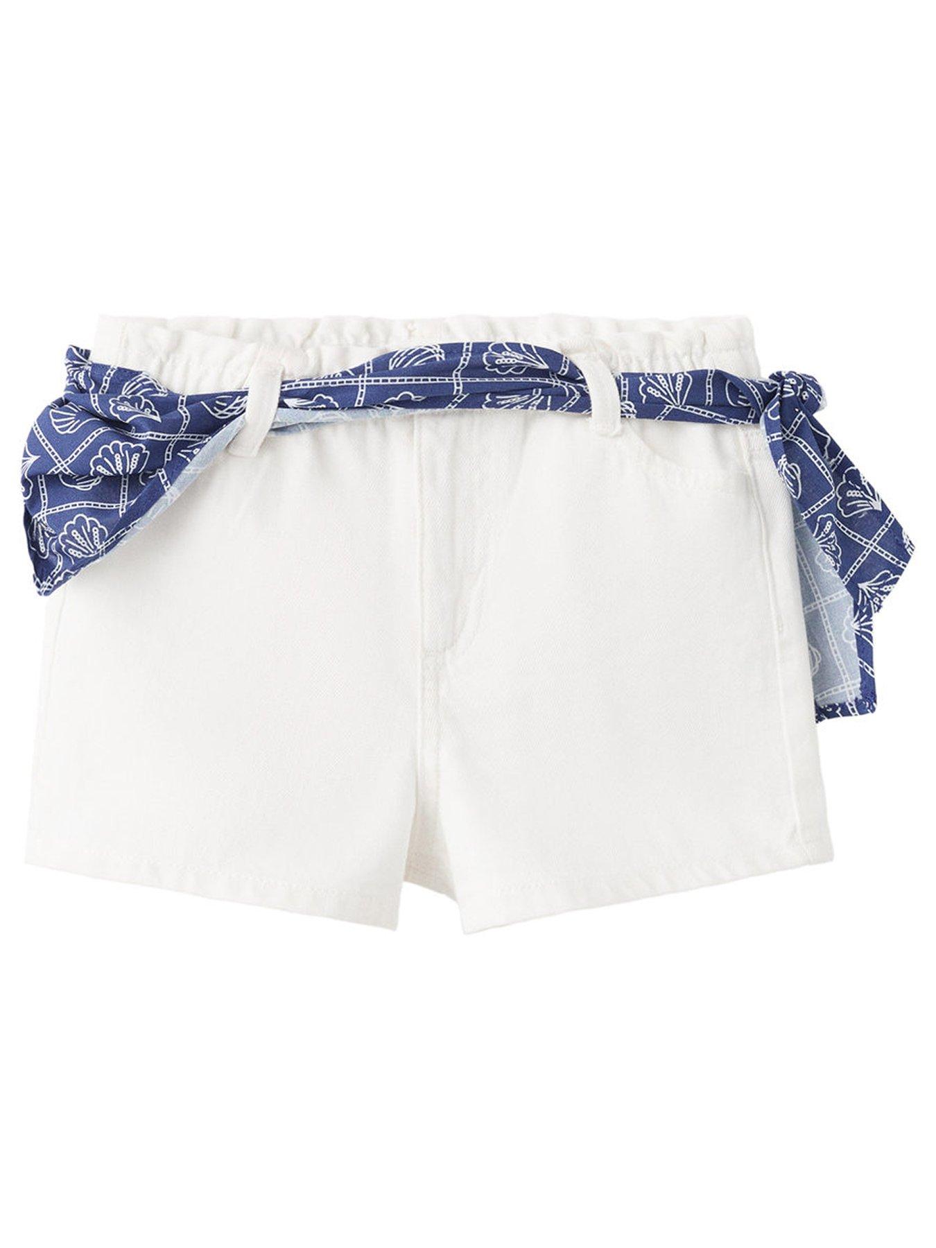 Mango Girls Scarf Belt Denim Shorts - White