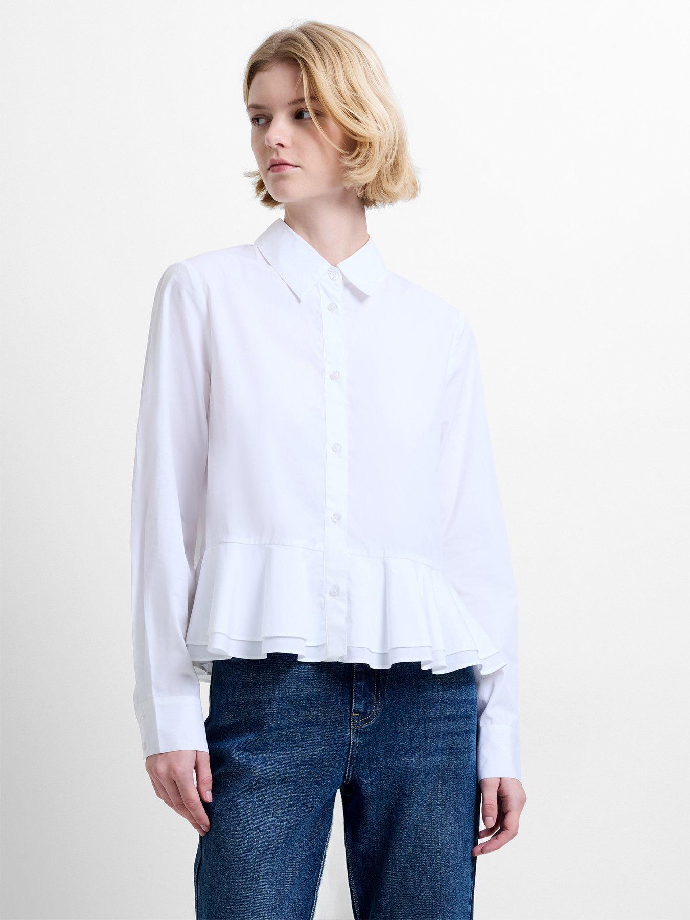 French Connection Cotton Long Sleeve Ruffle Peplum Hem Shirt