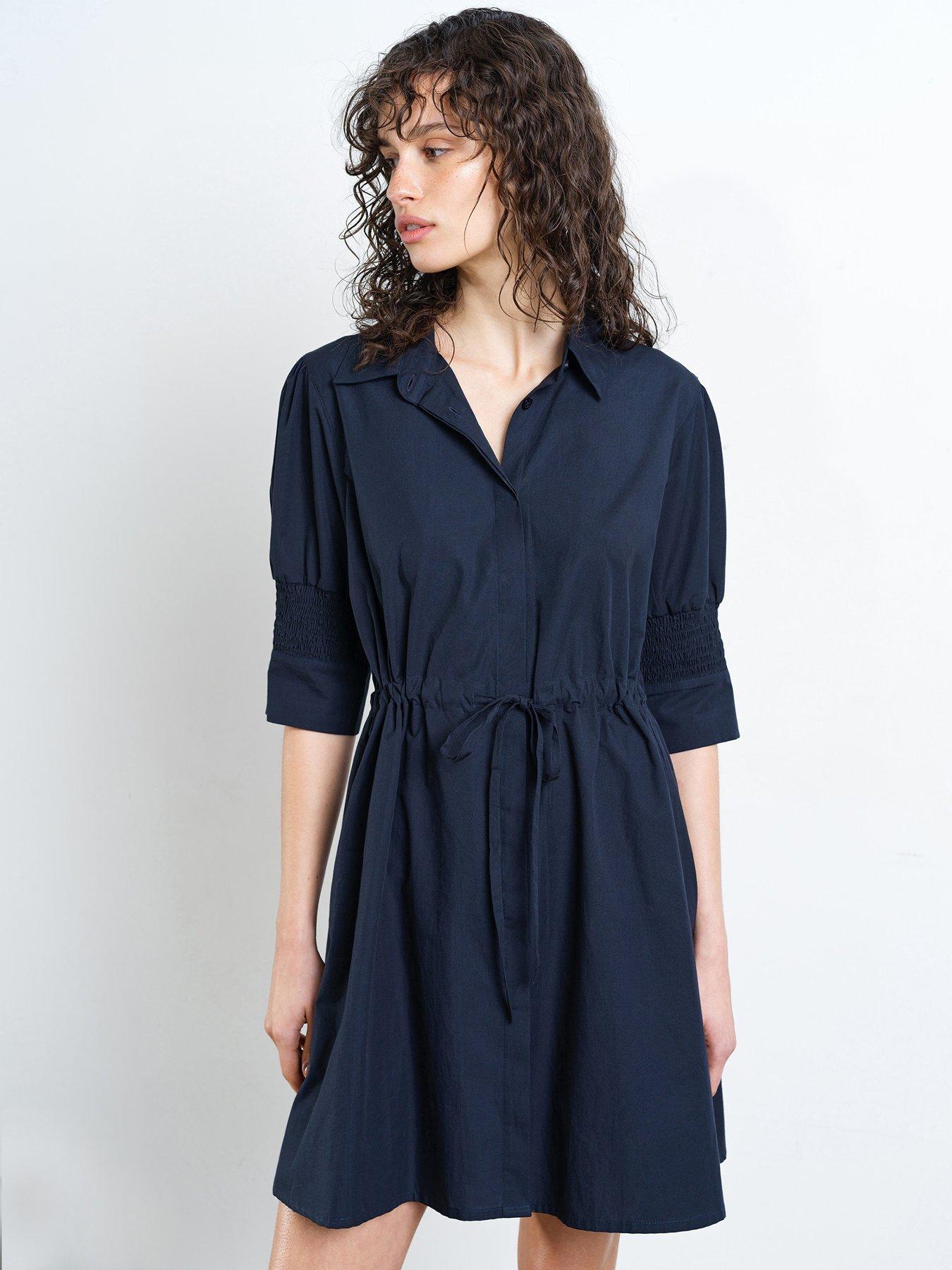 Image 1 of 5 of French Connection Cotton Collared Elasticated Tie Waist Mini Shirt Dress