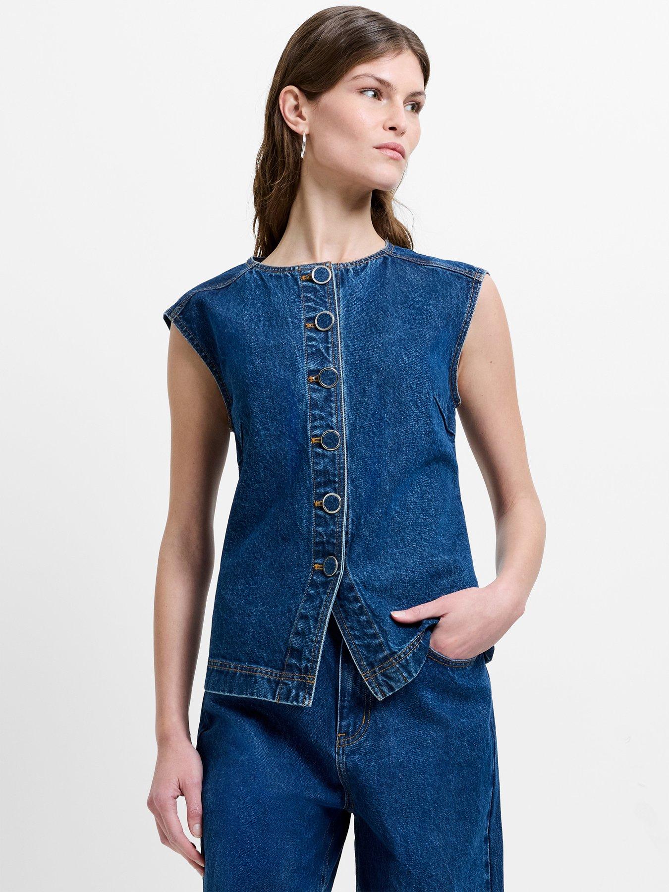 Image 1 of 5 of French Connection Cotton Button Down High Crew Neck Denim Waistcoat