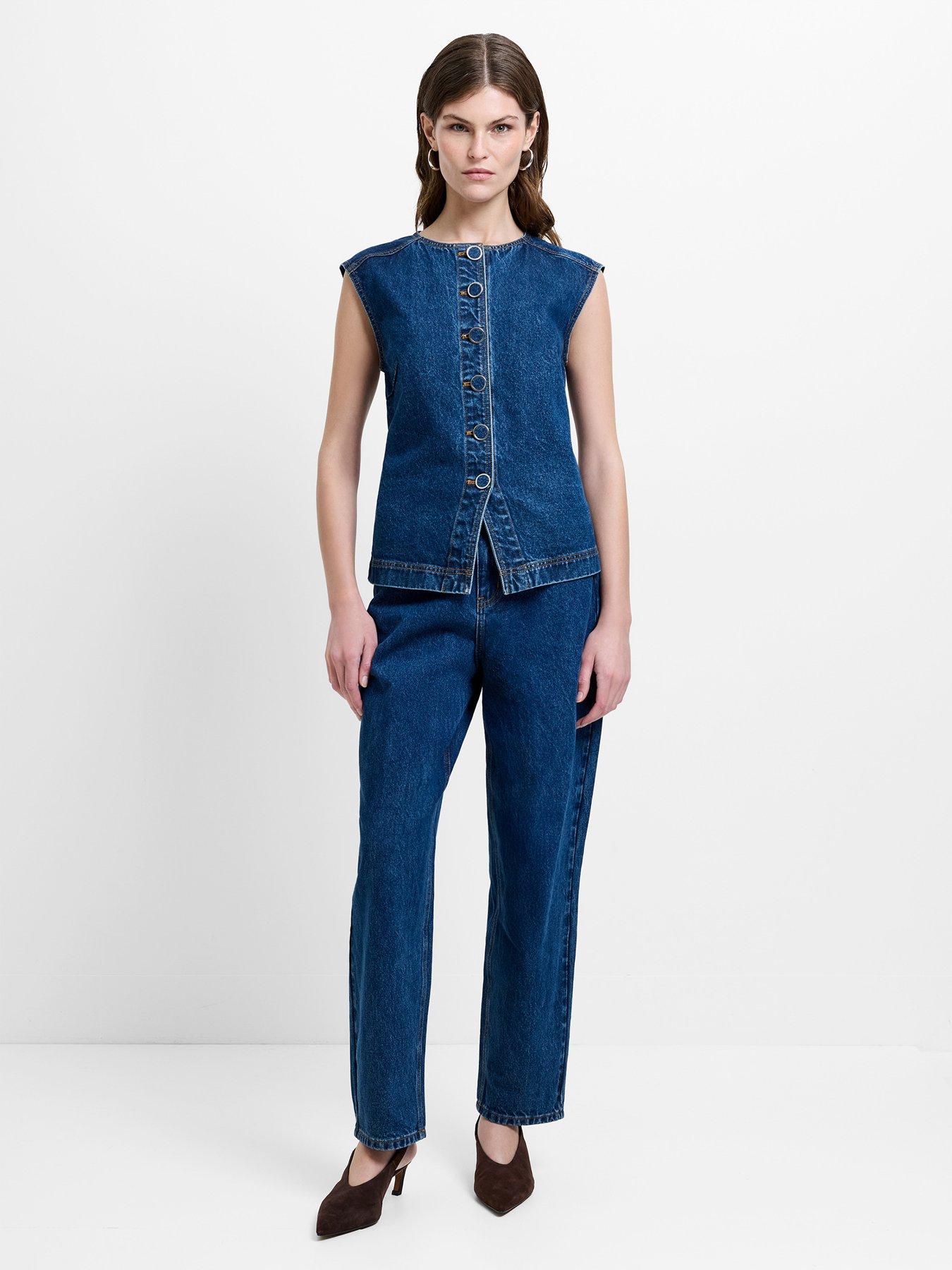 Image 2 of 5 of French Connection Cotton Button Down High Crew Neck Denim Waistcoat