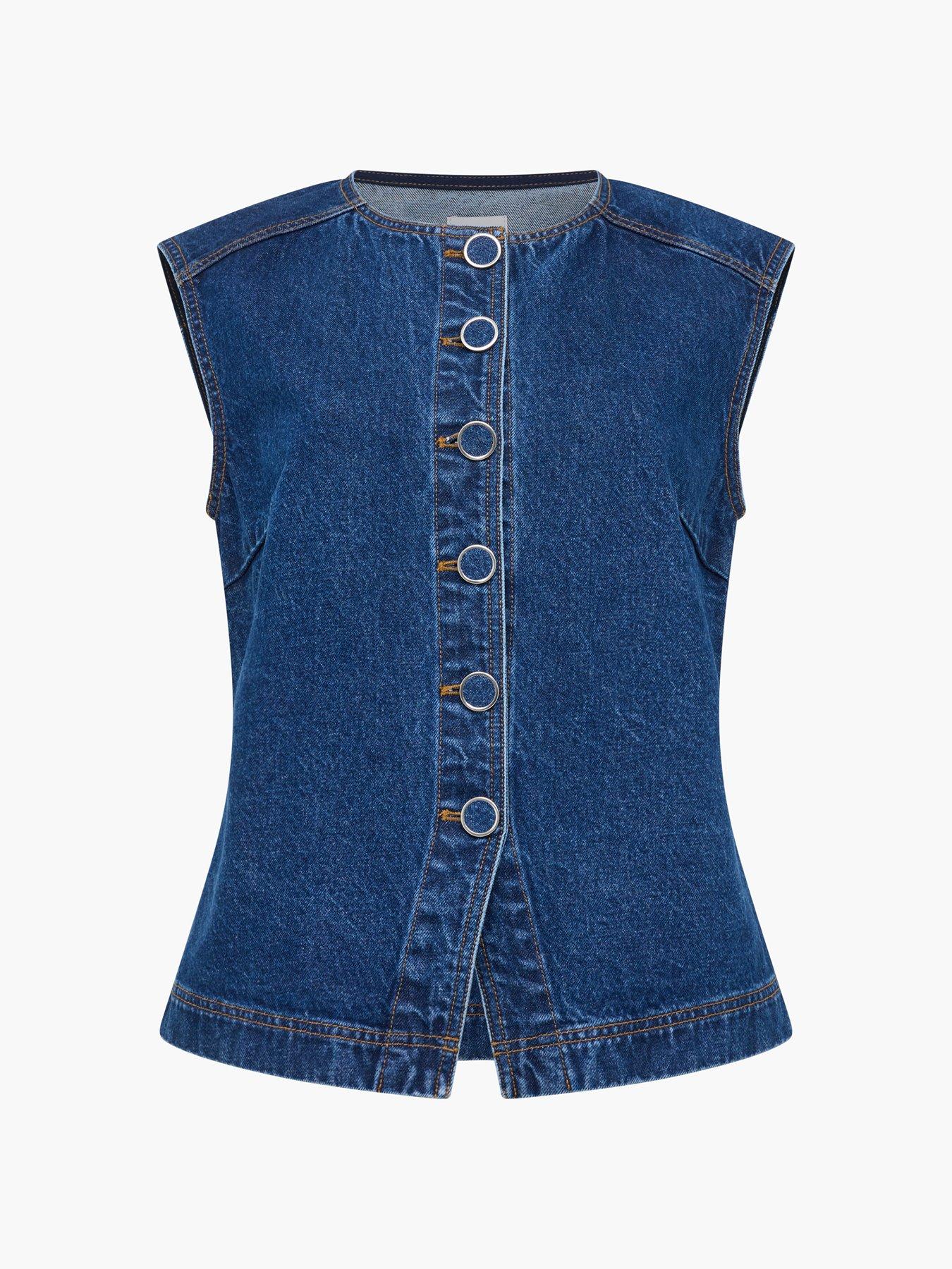 Image 5 of 5 of French Connection Cotton Button Down High Crew Neck Denim Waistcoat