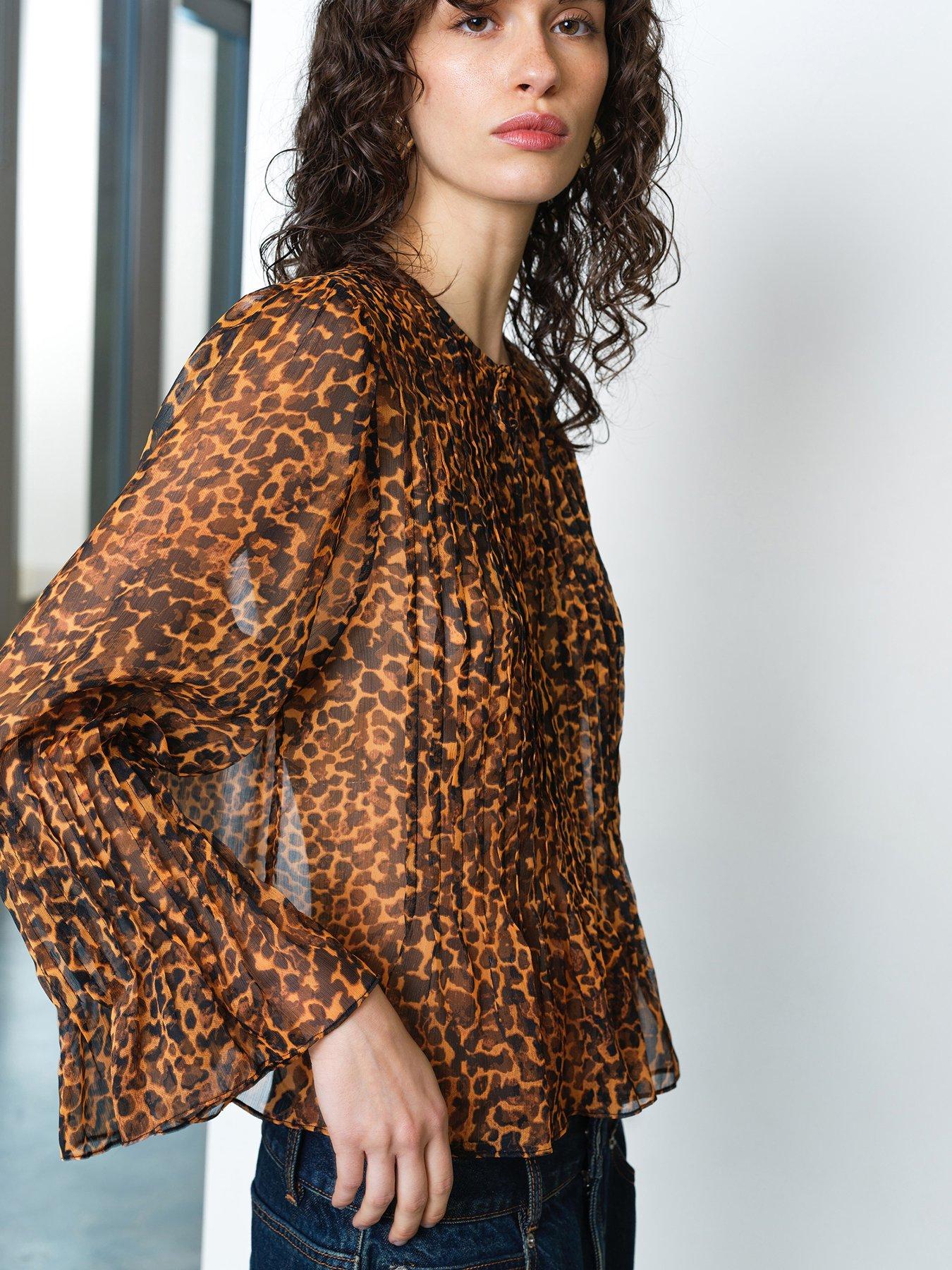 Image 1 of 5 of French Connection Sheer Leopard Print Long Sleeve Blouse