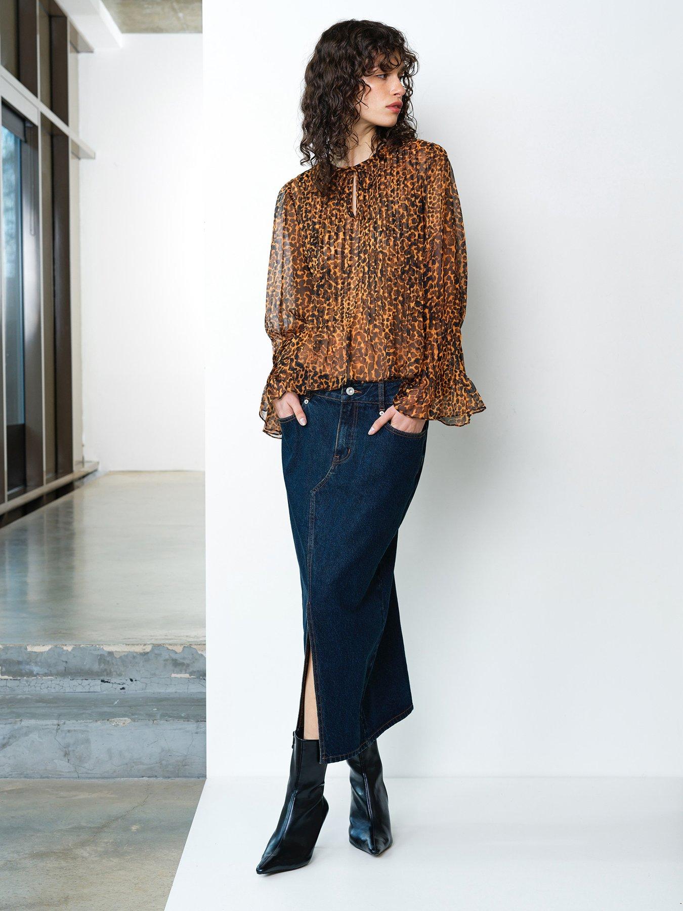 Image 4 of 5 of French Connection Sheer Leopard Print Long Sleeve Blouse