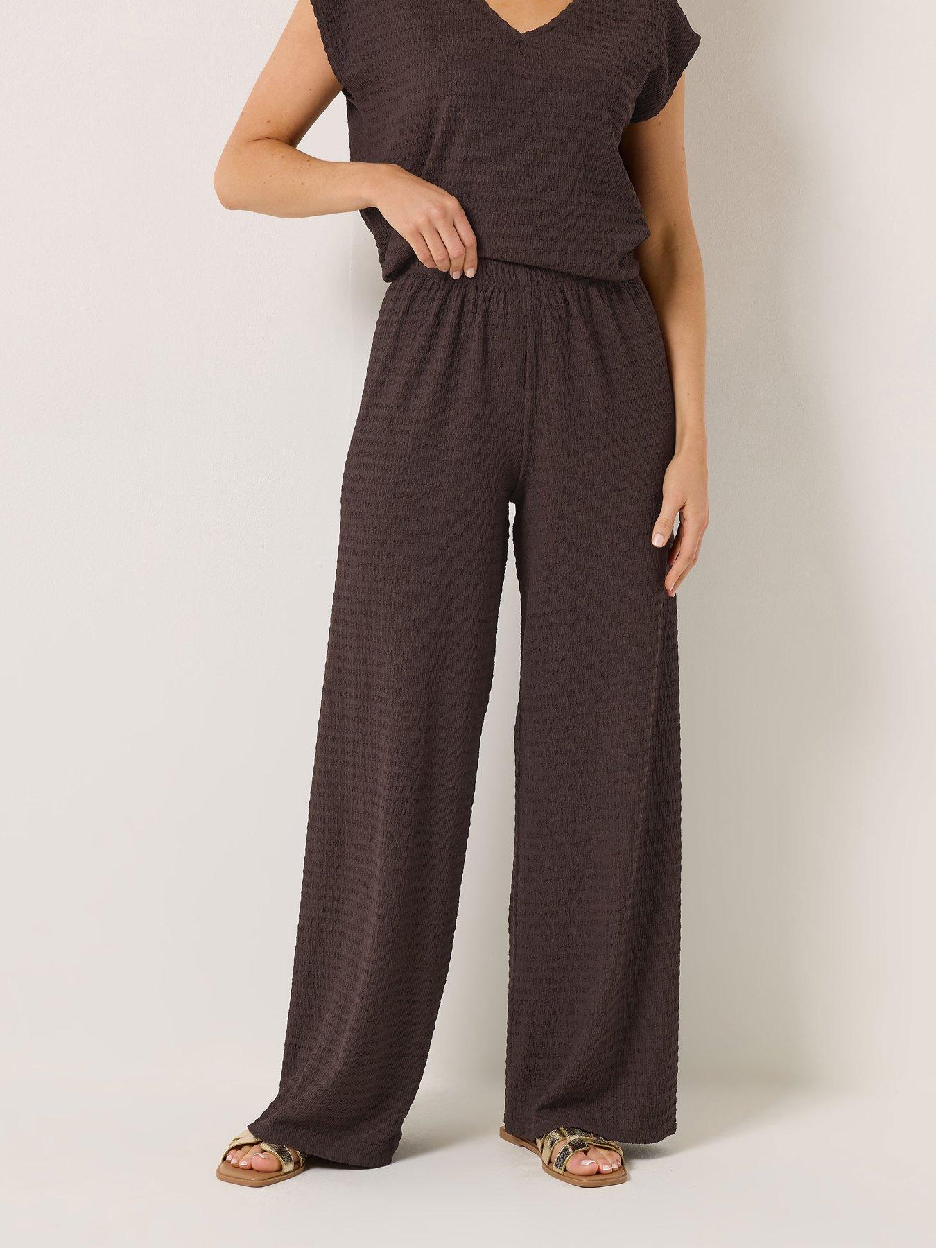 Long Tall Sally Bubble Textured Wide Leg Trousers 34" - Brown