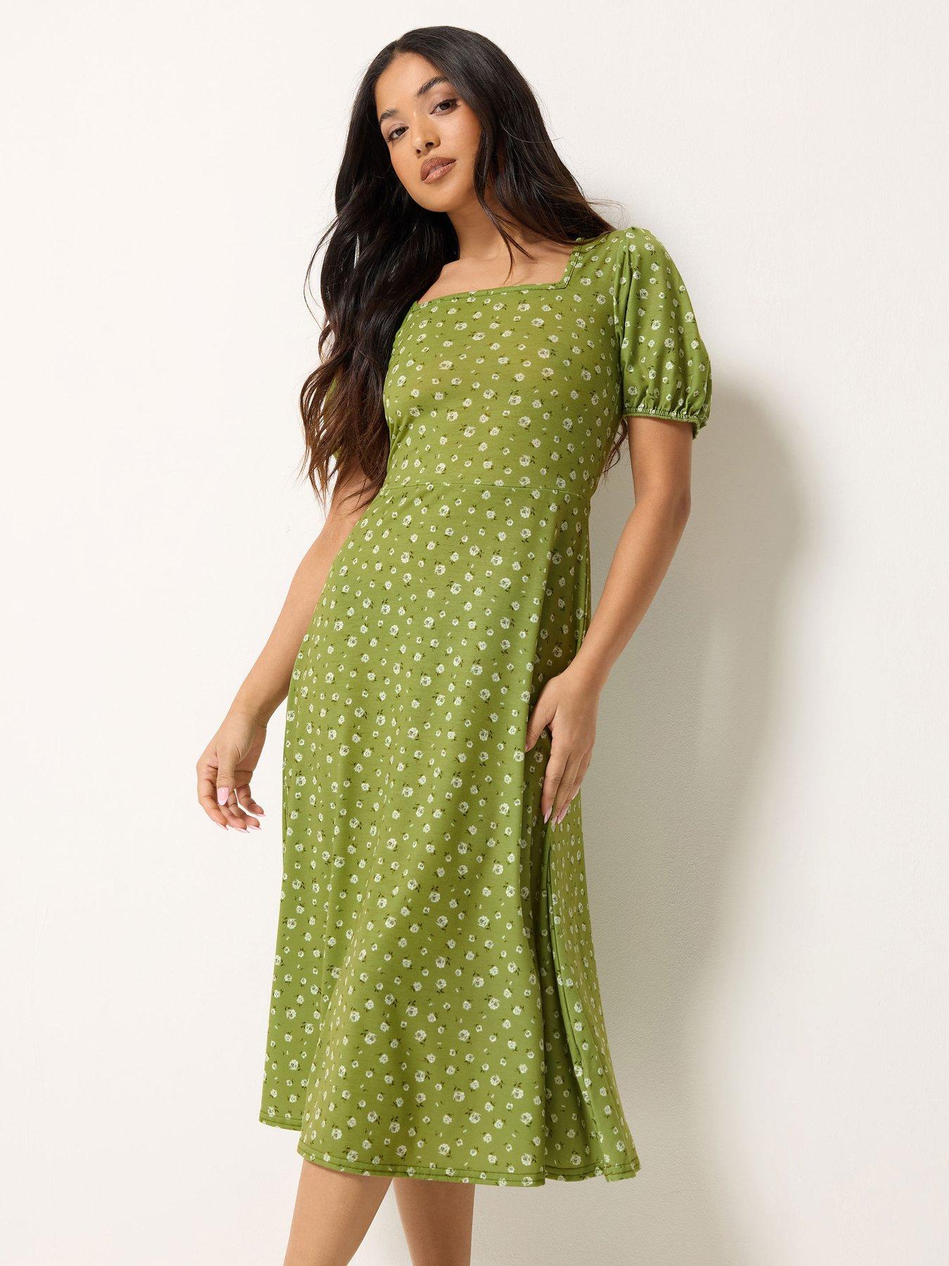 PixieGirl Petite Ditsy Sweetheart Neck Midaxi Dress - Green