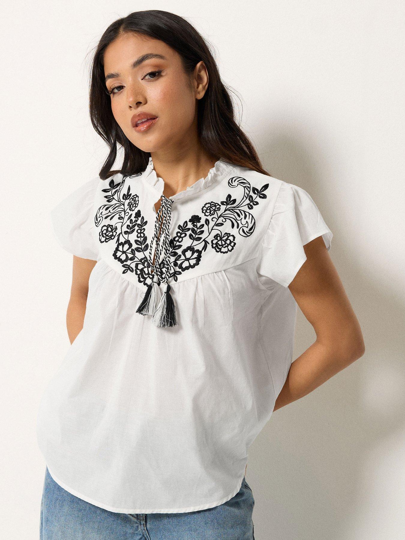 PixieGirl Petite Frill Sleeve Tie Neck Embroidered Blouse - White