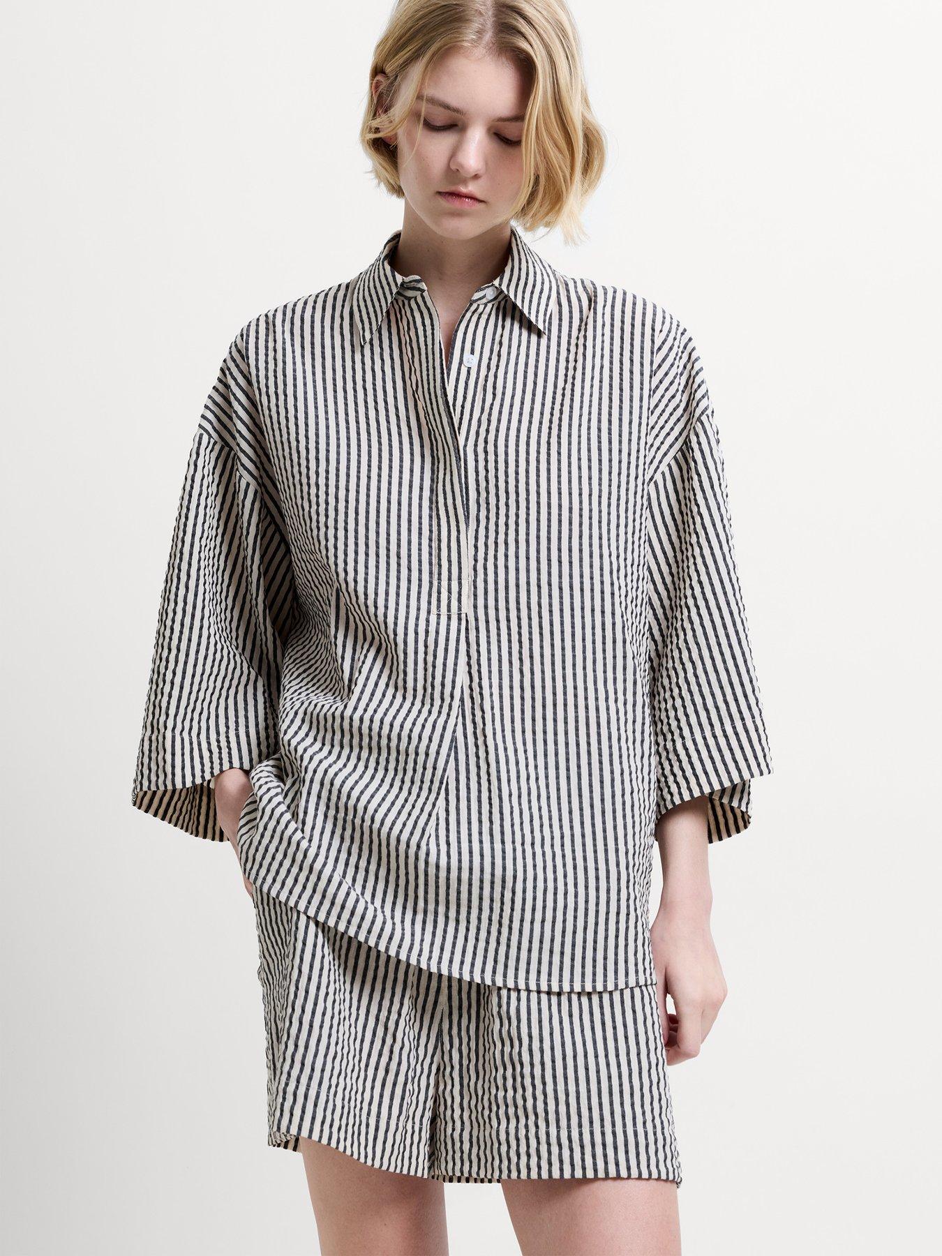 French Connection Cotton Striped Crinkle Long Sleeve Button Shirt