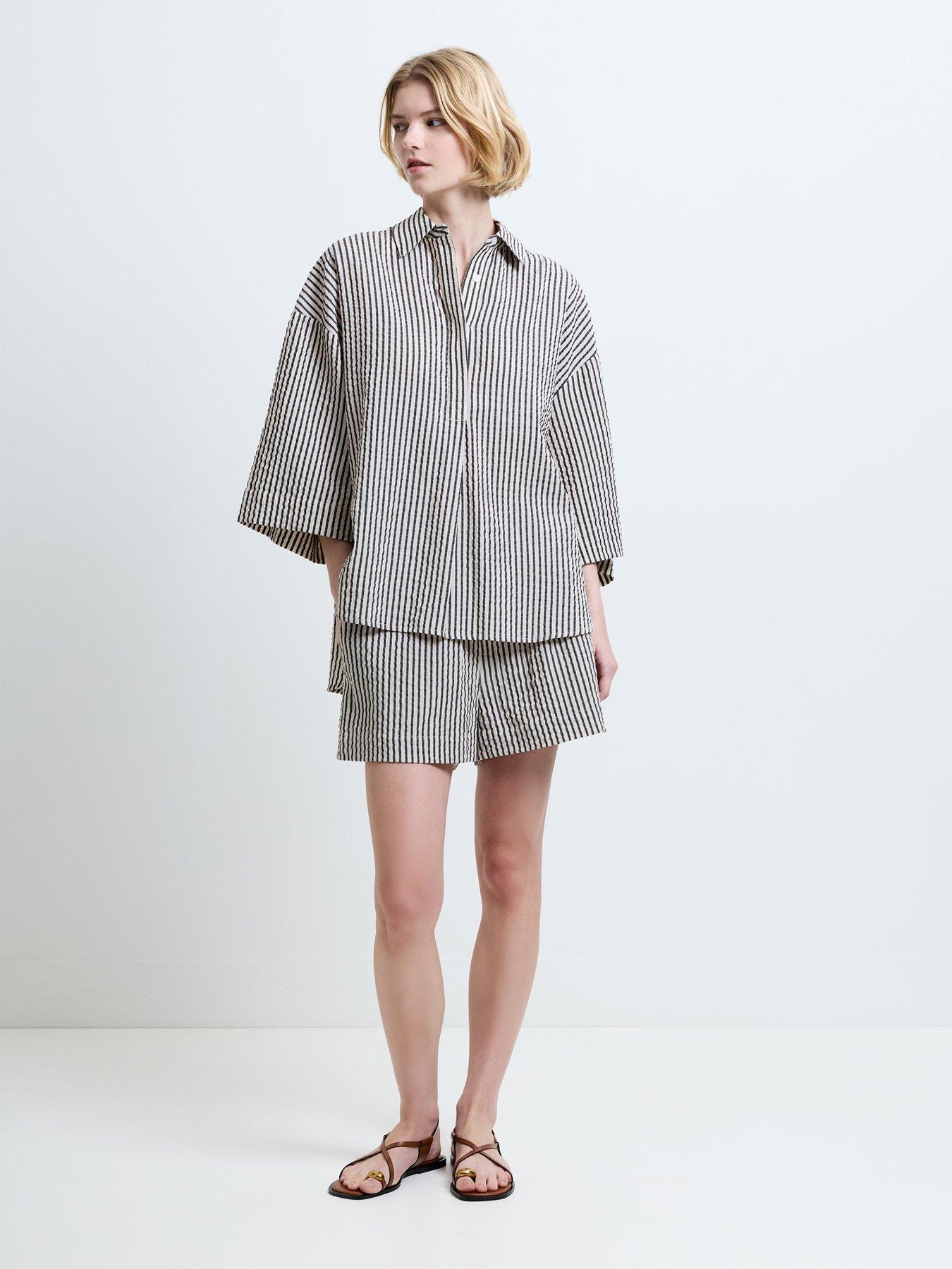 Image 3 of 5 of French Connection Cotton Striped Crinkle Long Sleeve Button Shirt