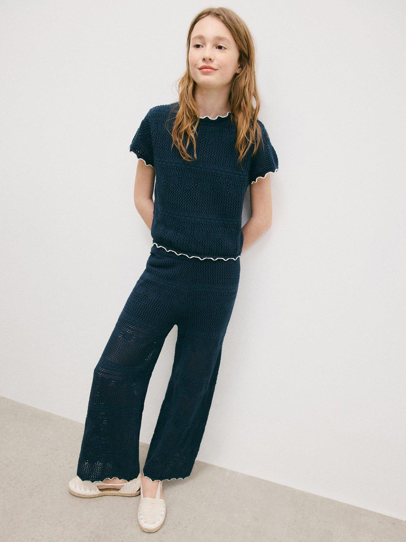 Mango Girls Crochet Co-Ord Trousers - Navy