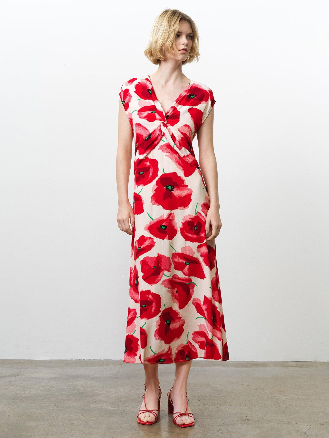 French Connection Floral Poppy Print V-Neck Front Twist Midi Dress - Red