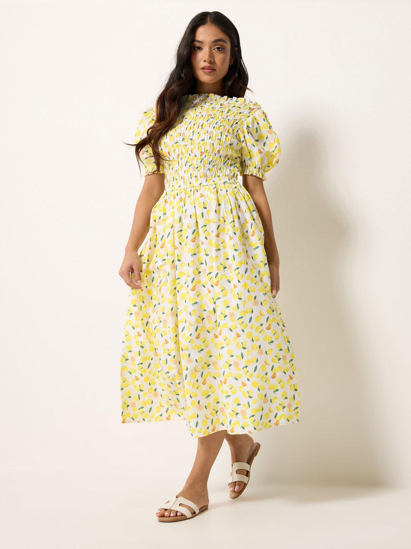 Image 1 of 5 of PixieGirl Petite Shirred Midi Dress - Yellow