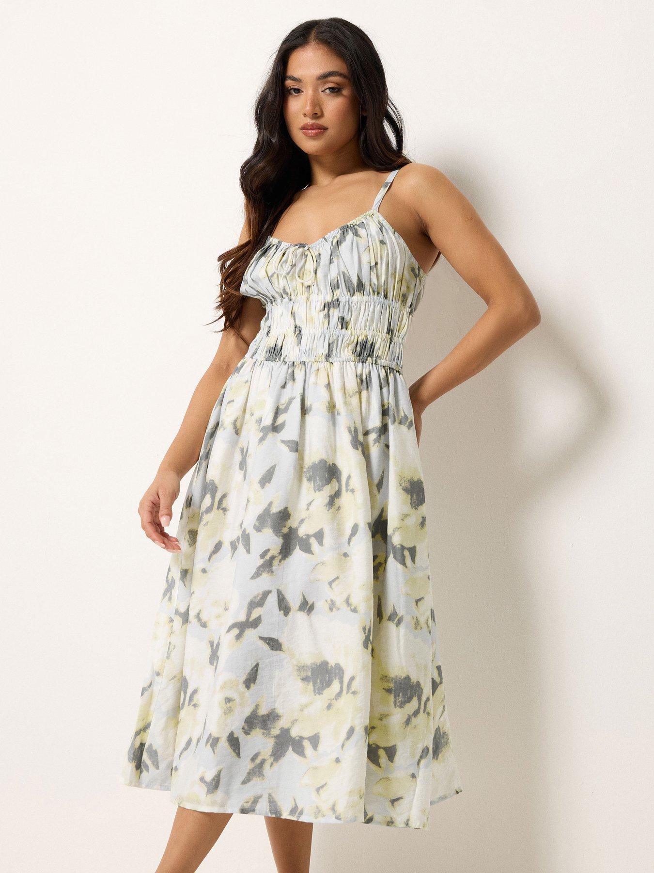 PixieGirl Petite Abstract Floral Strap Midi Dress - Grey