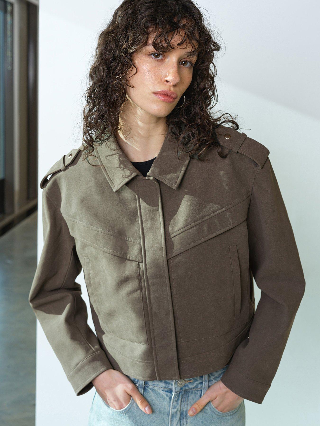 Image 1 of 5 of French Connection Faux Suede Aviator Cropped Jacket