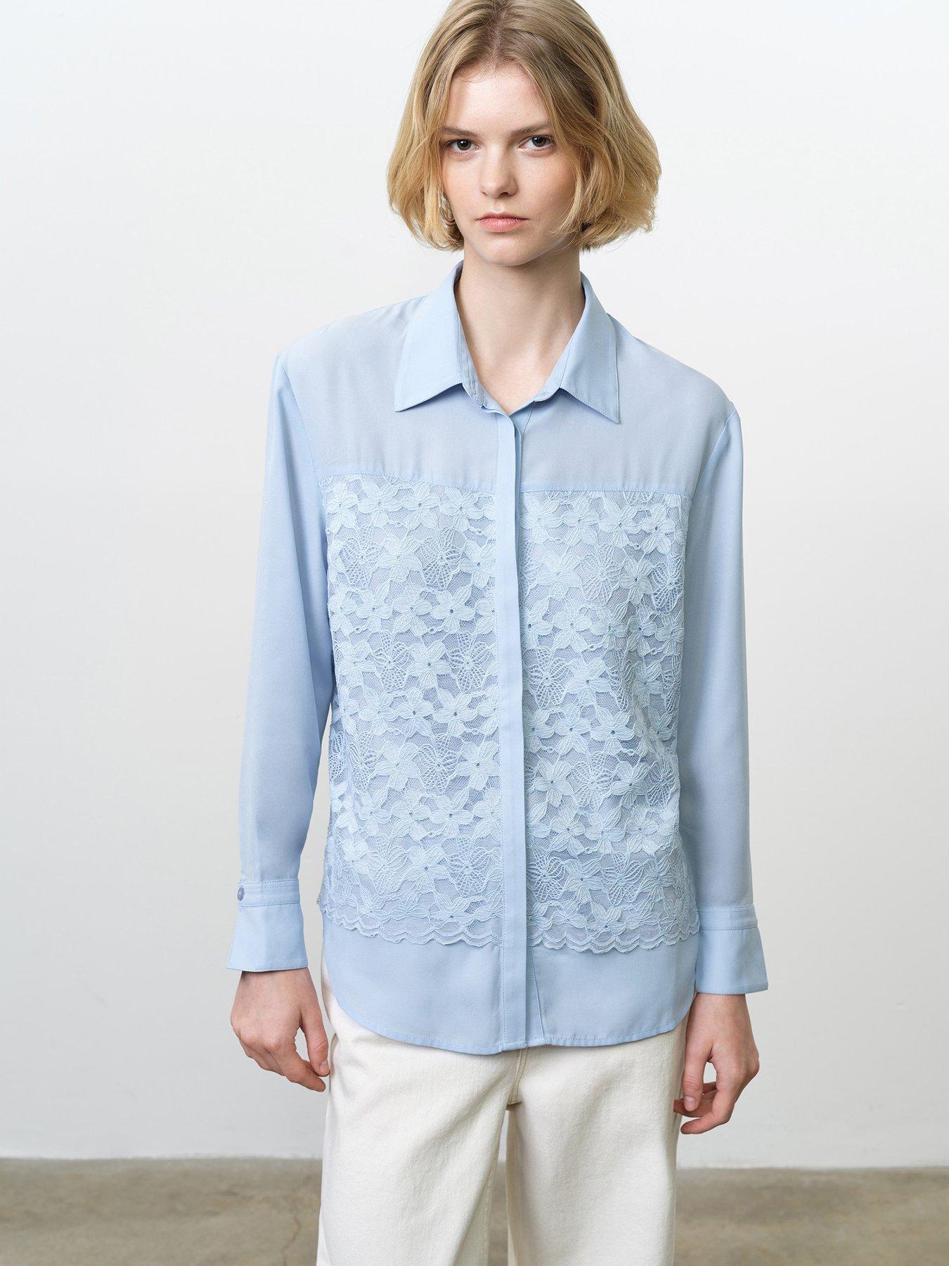 Image 1 of 4 of French Connection Floral Lace Long Sleeve Collared Shirt