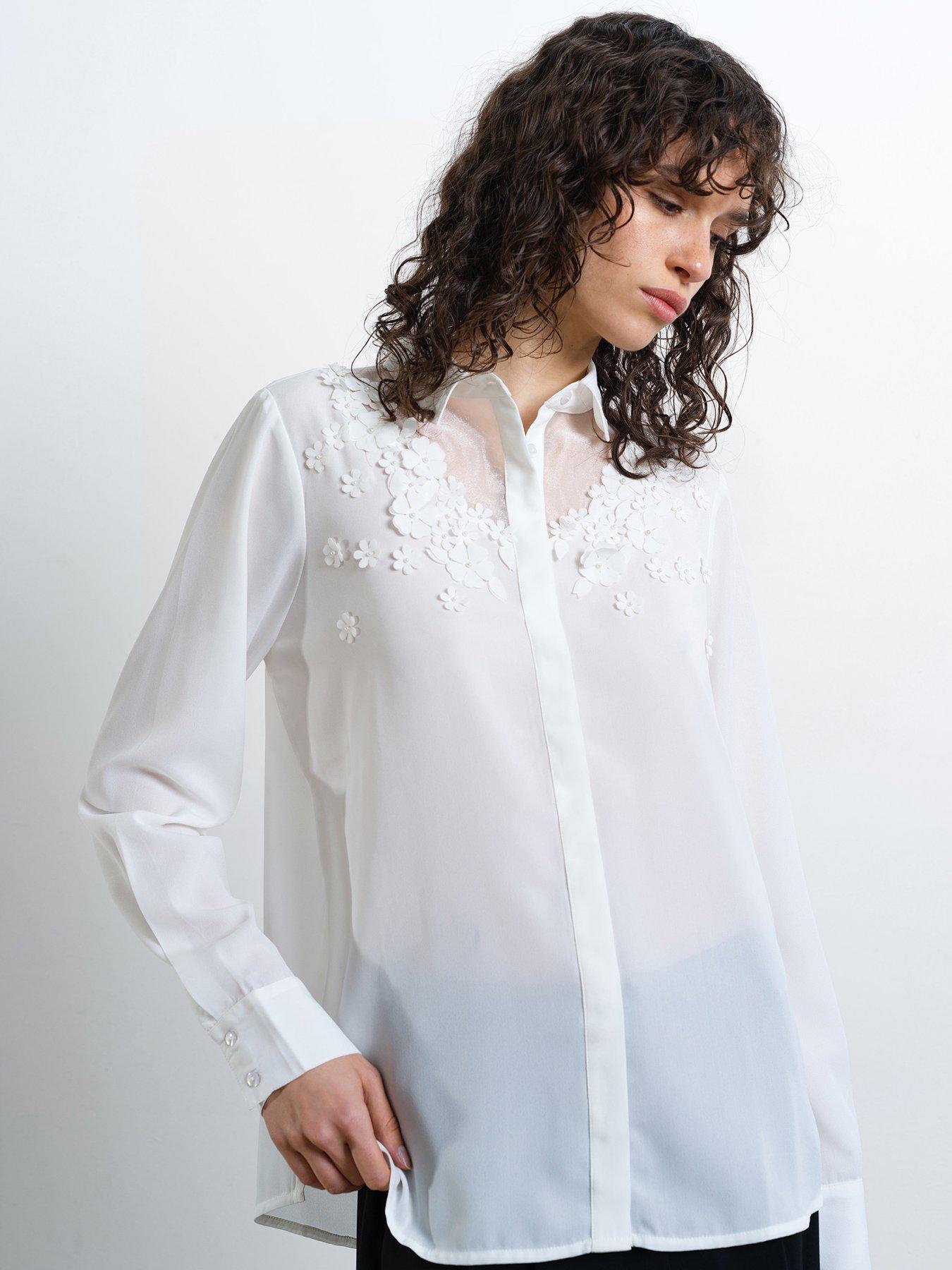 French Connection Floral Lace Long Sleeve Semi-sheer Collared Shirt