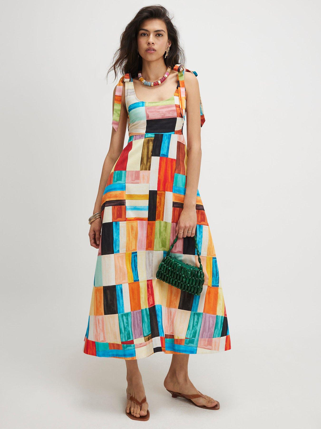 Image 1 of 5 of River Island Cotton Painted Check Maxi Dress - Orange