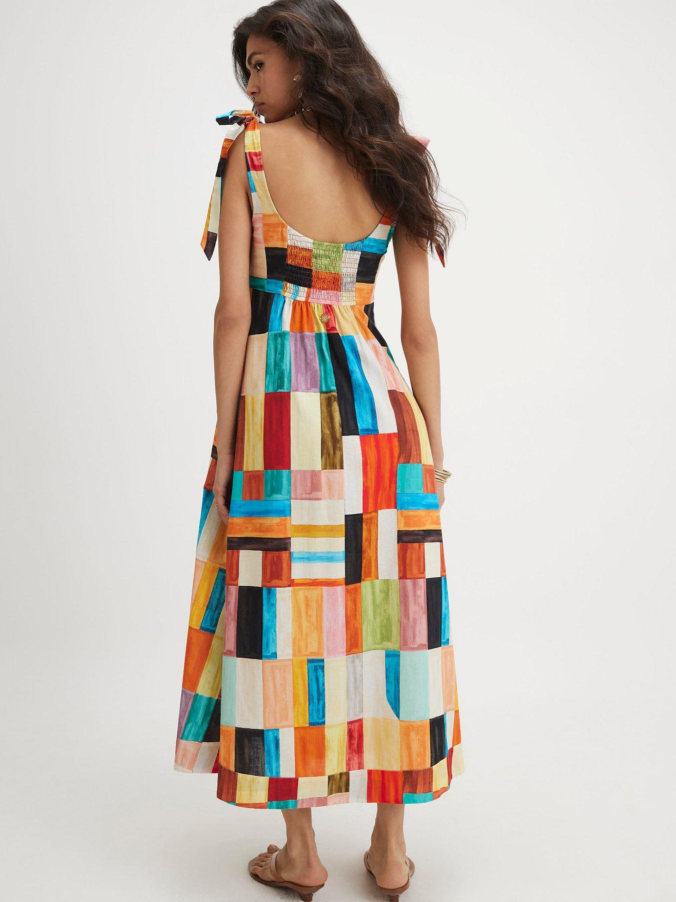 Image 2 of 5 of River Island Cotton Painted Check Maxi Dress - Orange