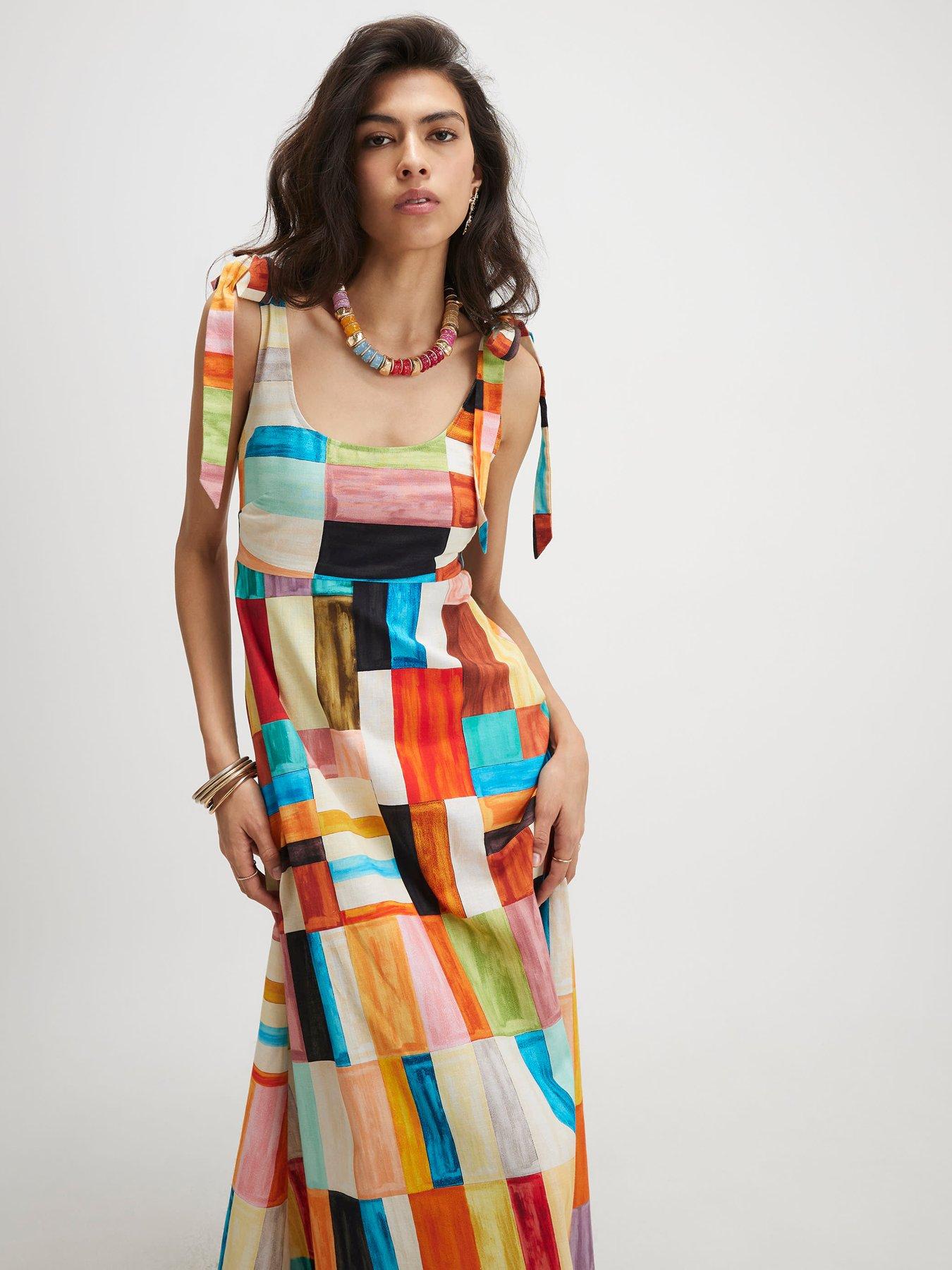 Image 3 of 5 of River Island Cotton Painted Check Maxi Dress - Orange