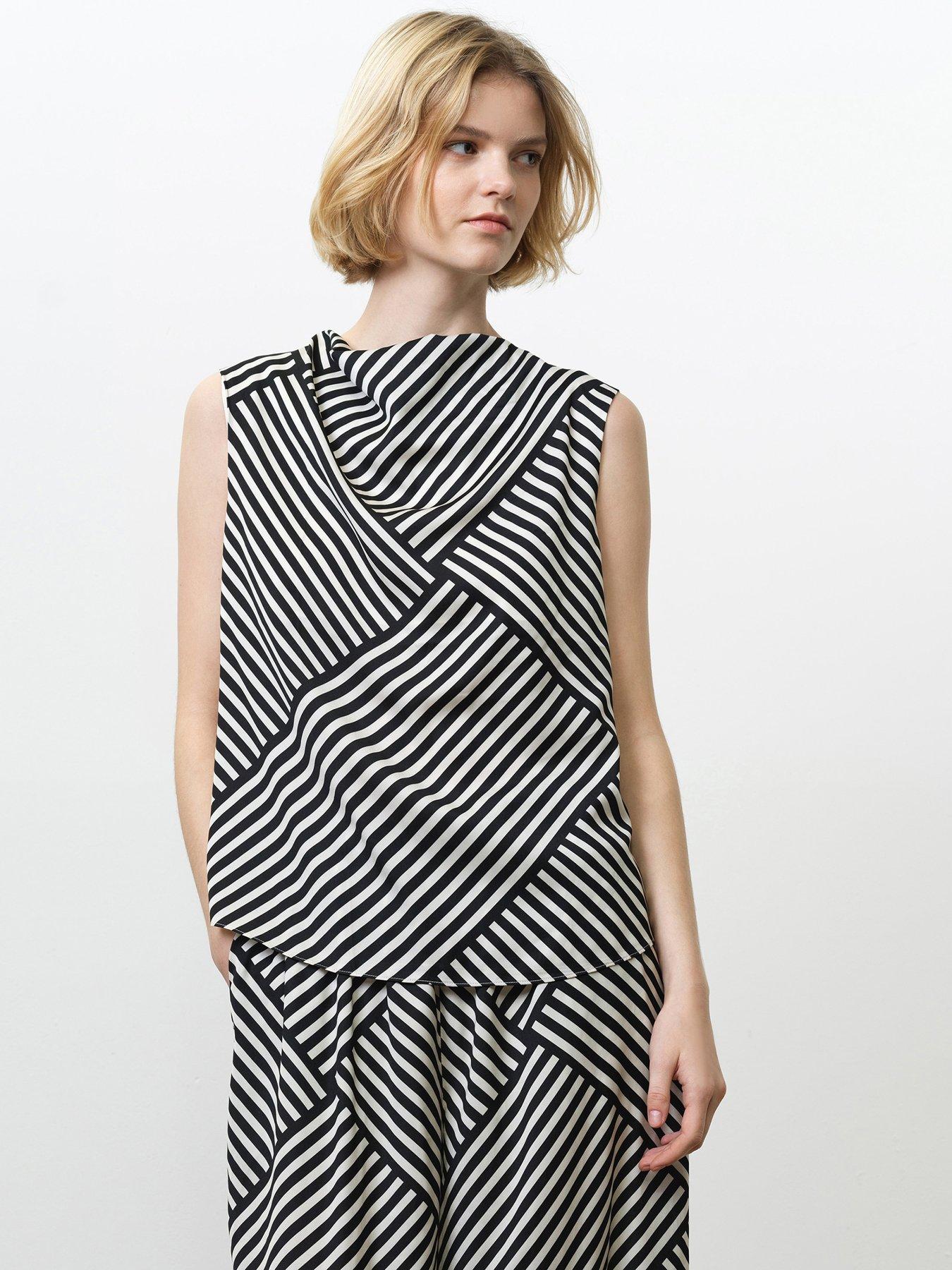 French Connection Geometric Striped Asymmetric Sleeveless Draped Blouse