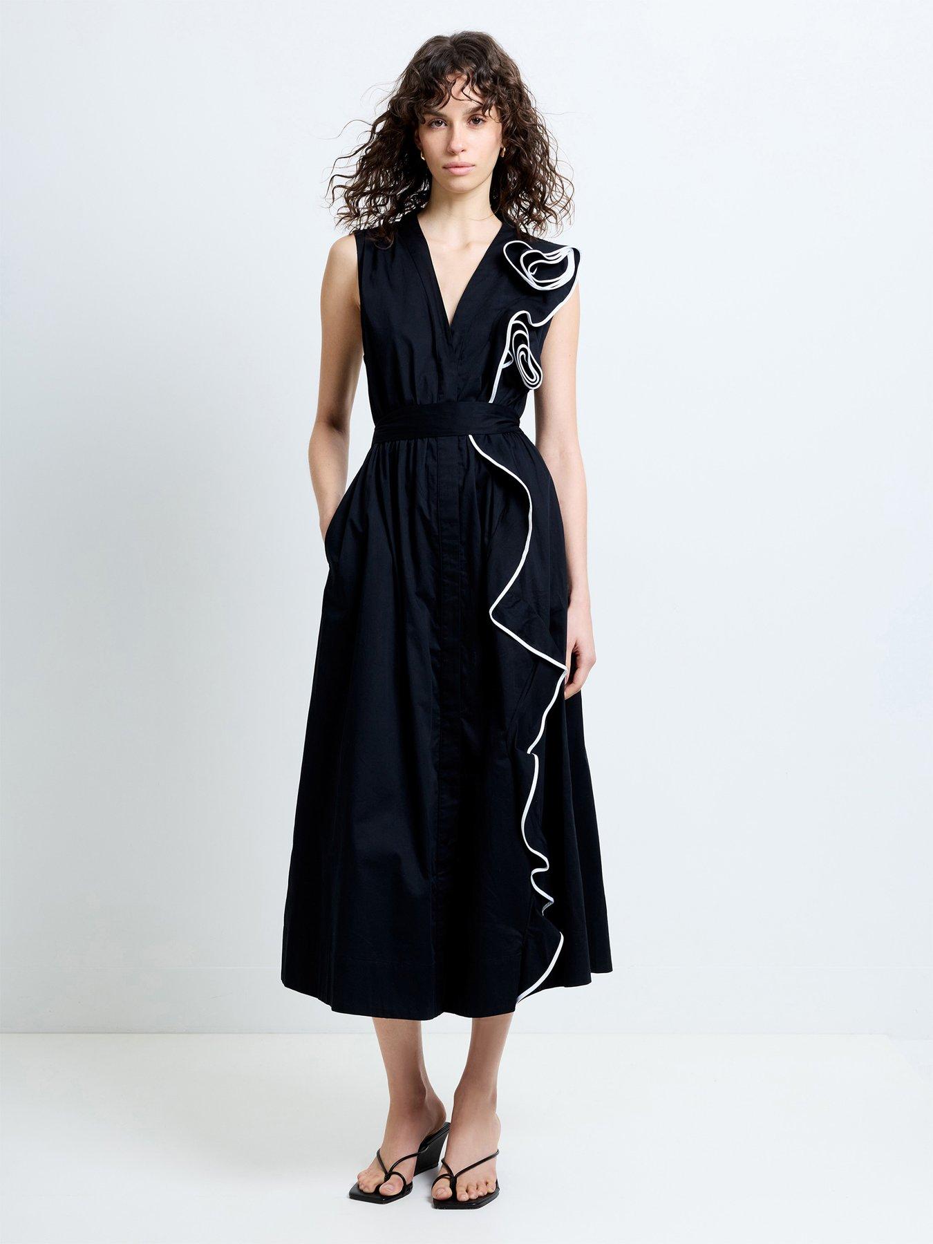 French Connection Cotton Ruffle Detail V-Neck Sleeveless Poplin Midi Dress - Black