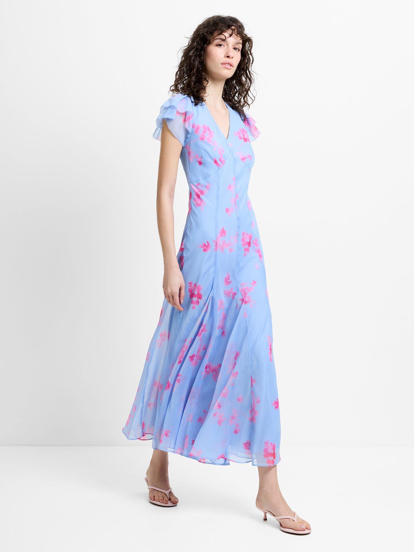 French Connection Floral Print Chiffon V-neck Midi Tea Dress