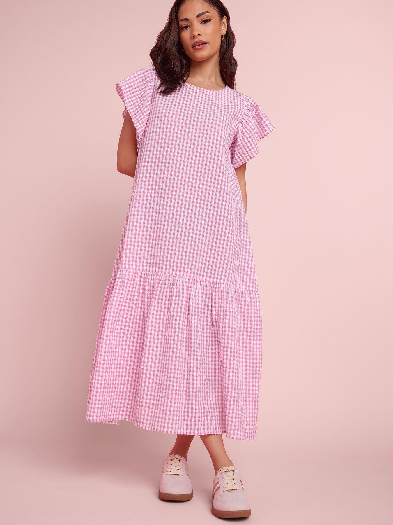 PixieGirl Petite Gingham Drop Waist Midaxi Dress - Pink