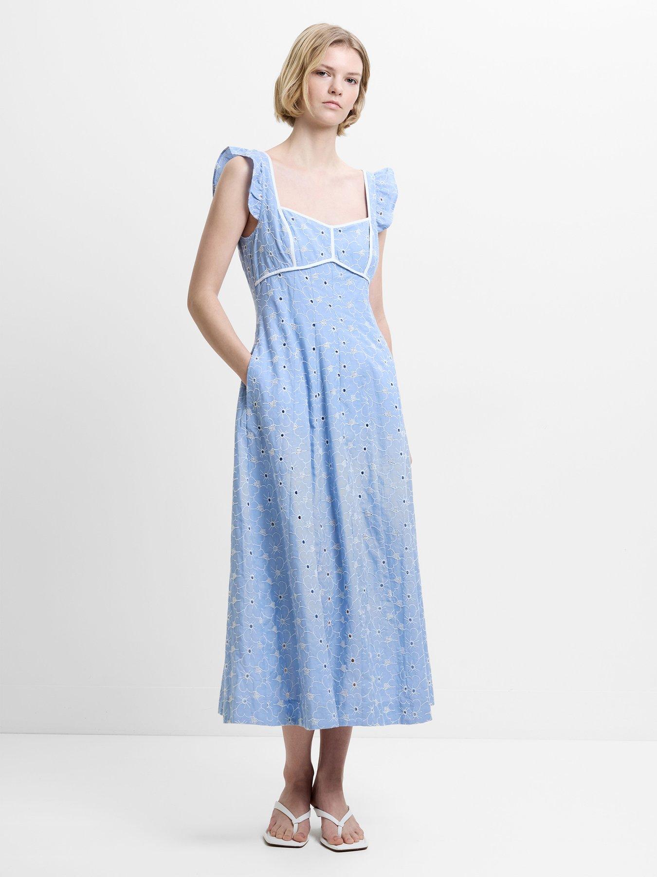 French Connection Cotton Floral Embroidered Ruffled Shoulder Sweetheart Neck Midi Dress