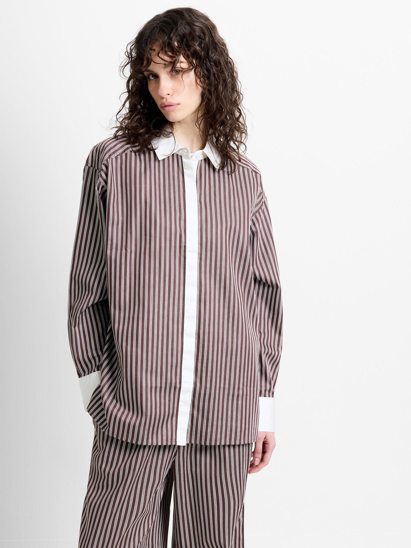 French Connection Cotton Pinstripe Collared Long Sleeve Button Shirt - Brown