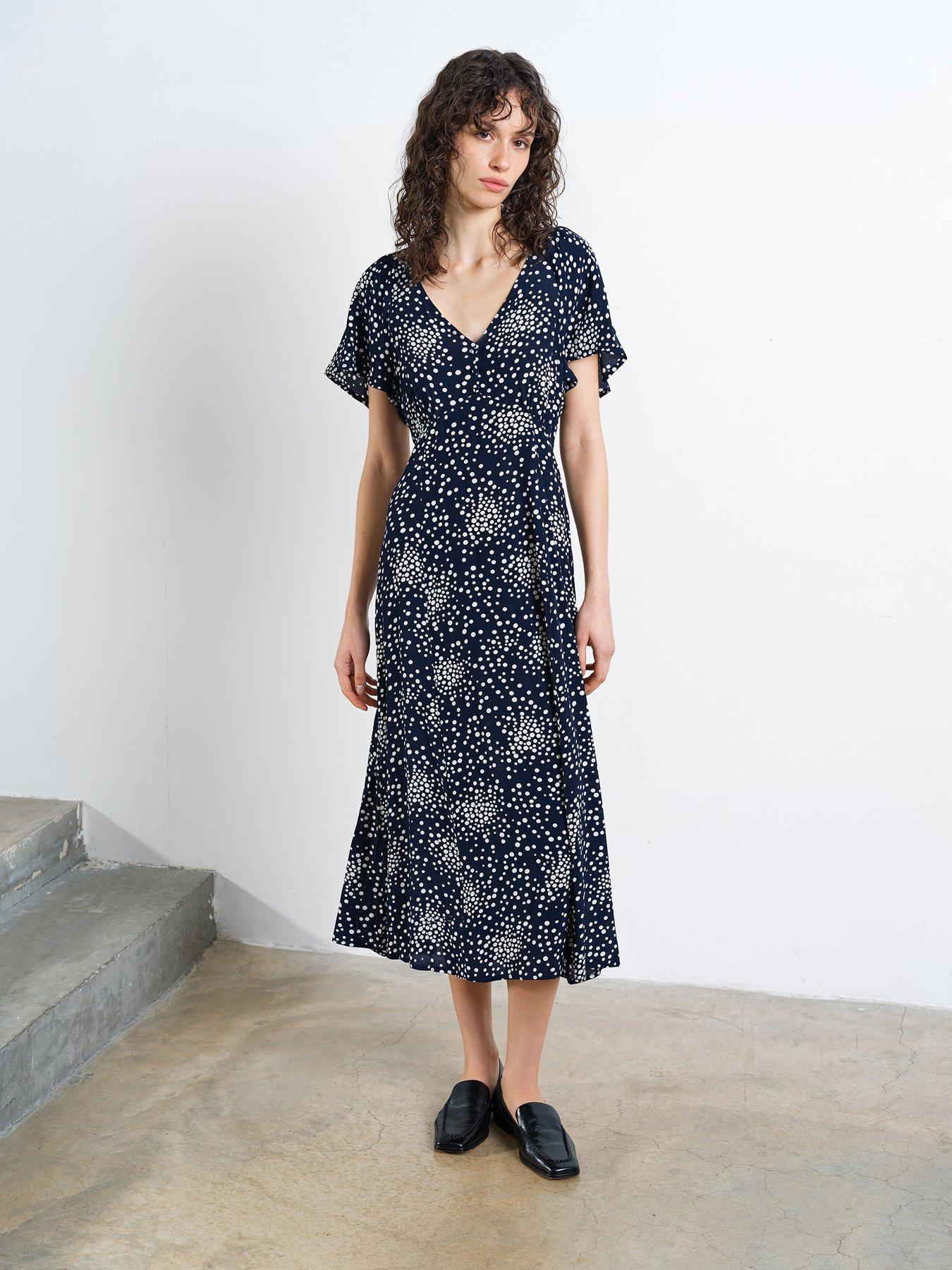 French Connection Polka Dot V-neck A-line Flutter Sleeve Midi Tea Dress |  Very