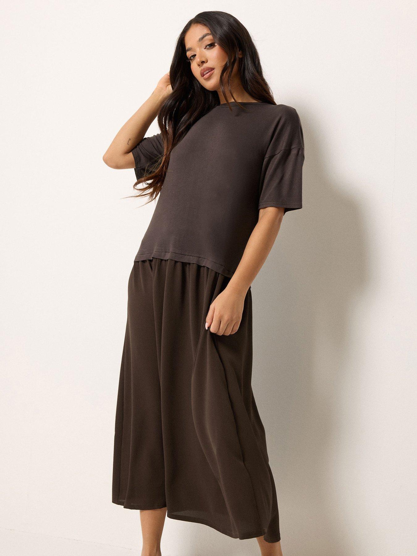 Image 1 of 5 of PixieGirl Petite Drop Waist Maxi Dress - Brown