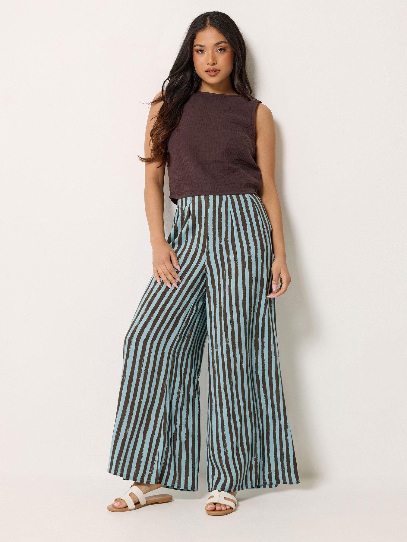Image 3 of 4 of PixieGirl Petite Stripe Palazzo Trousers - Brown