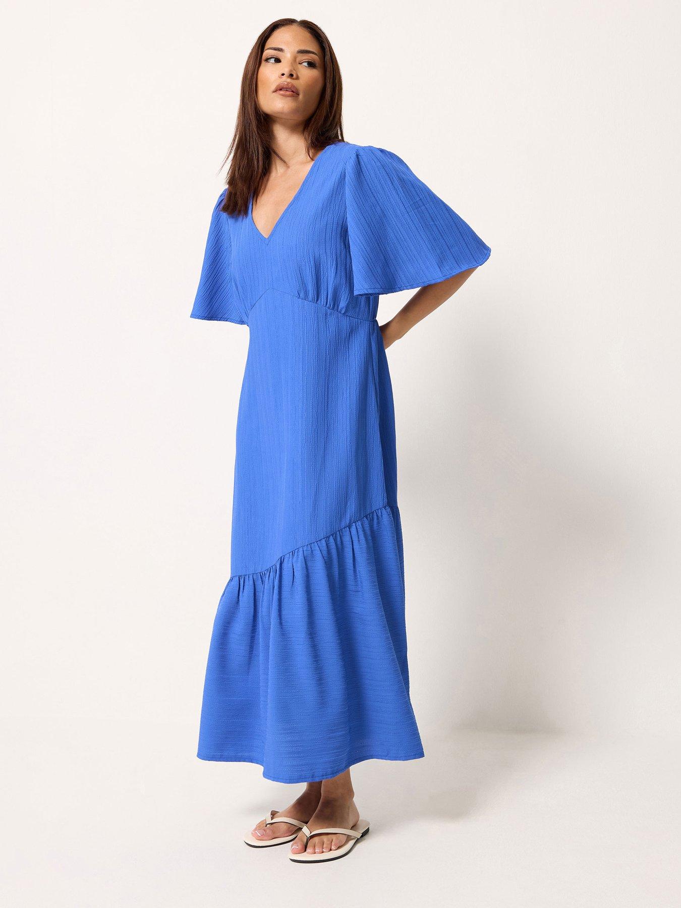 Image 1 of 5 of PixieGirl Petite Textured Asymmetrical Midi Dress - Blue